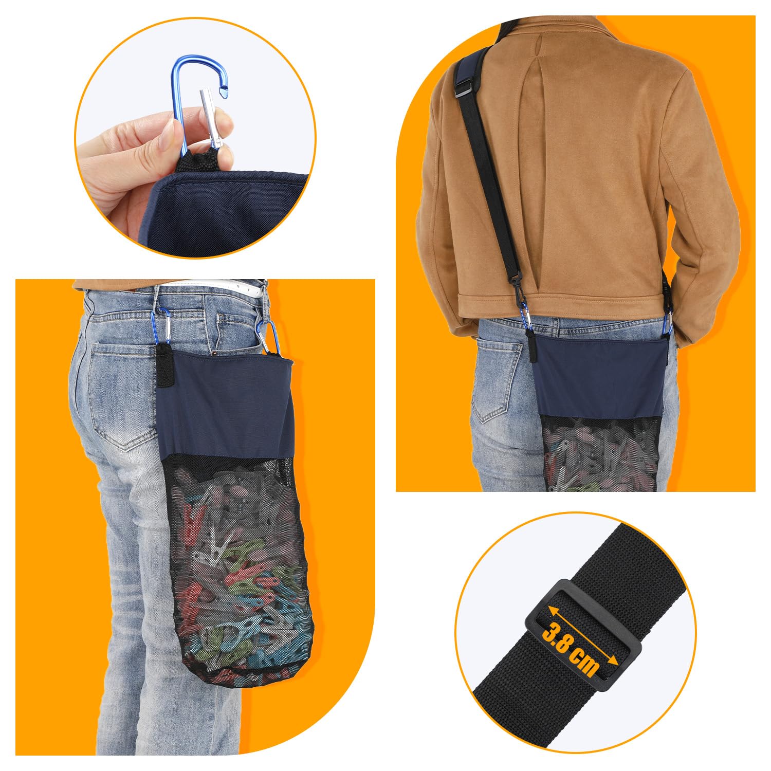 Bolsa para pinzas de la ropa, bolsa de malla para colgar pinzas de la ropa con gancho y correa para el hombro, contiene 500 pinzas de ropa, portátil, bolsa de secado rápido, azul oscuro