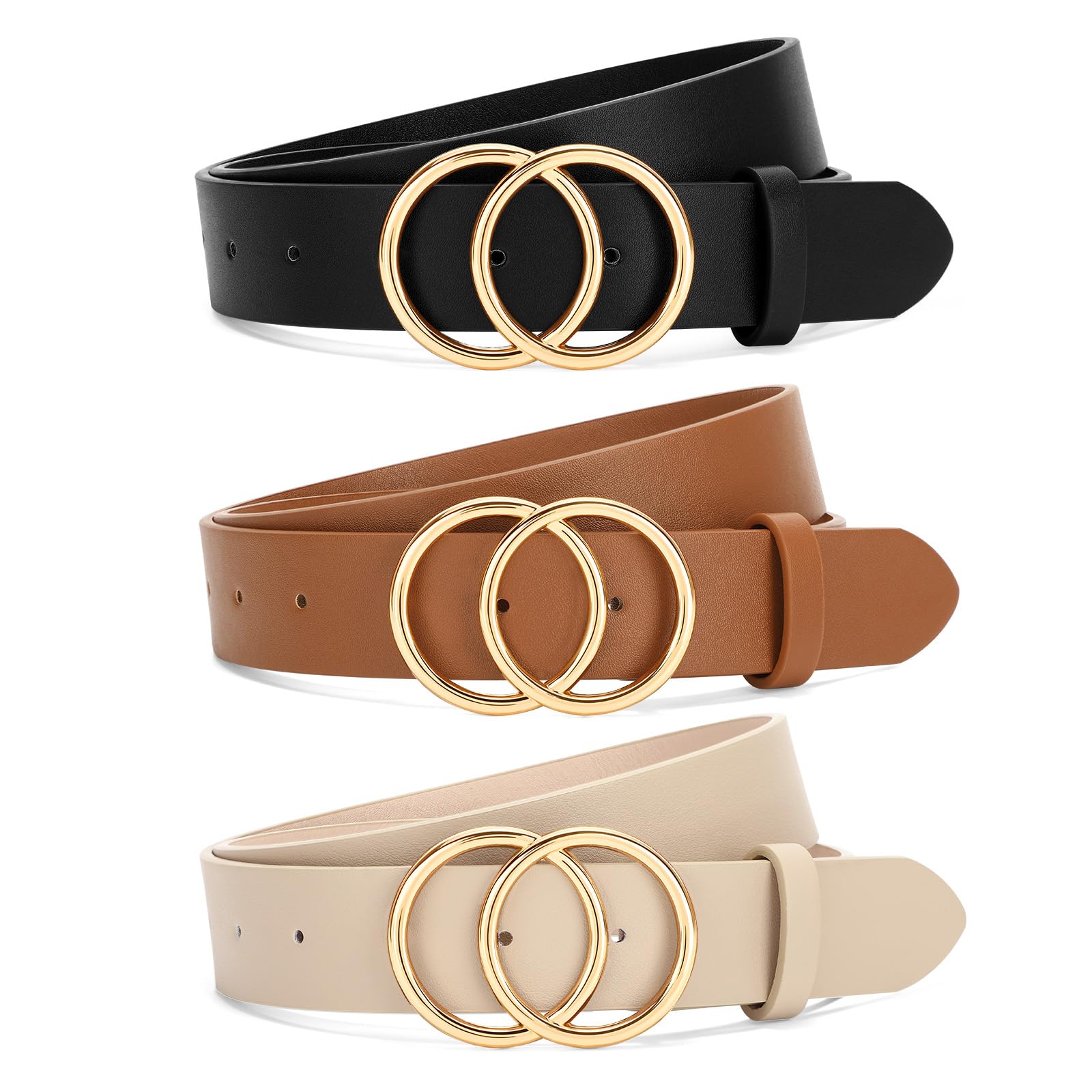 SANSTHS 3 Pack Women Waist Belts for Jeans Pants Dresses Ladies Belt with Double O-Ring Gold Buckle