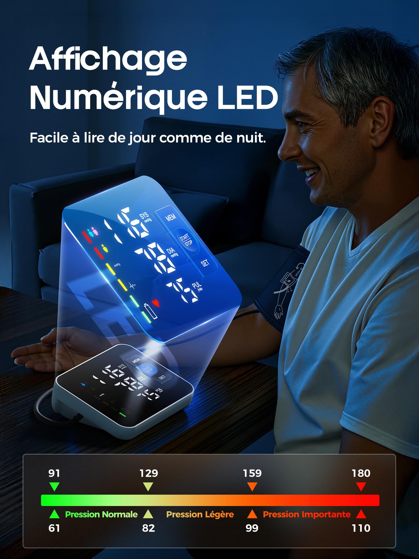 Tensiometre Bras, Affichage Numérique LED le Tensiomètre Bras Professionnel, 3 x 199 Utilisateurs, Appareil Tension Artérielle Bras avec Annonce Vocale en Anglais, Circonférences de Bras de 22 à 42 cm