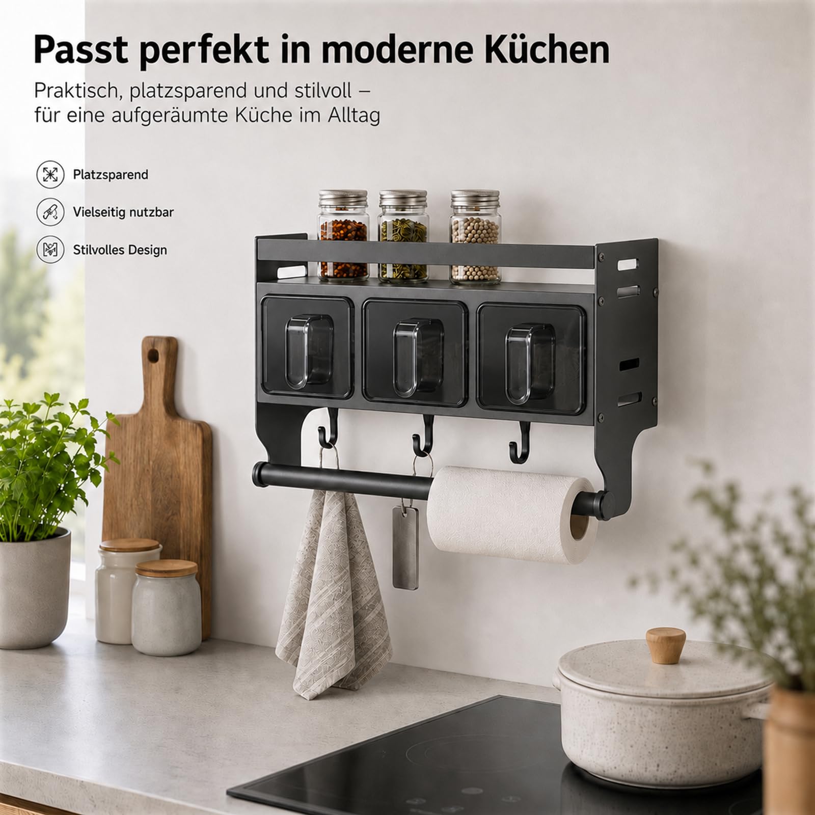 Küchenregal Wand, Gewürzregal Hängend, Gewürzregal Mit Küchenrollenhalter Gewürzständer Wand Aus Metall Gewürz Organizer Regal Für Küchen Arbeitsplatte Schrank (mit 3 Gewürzbox)