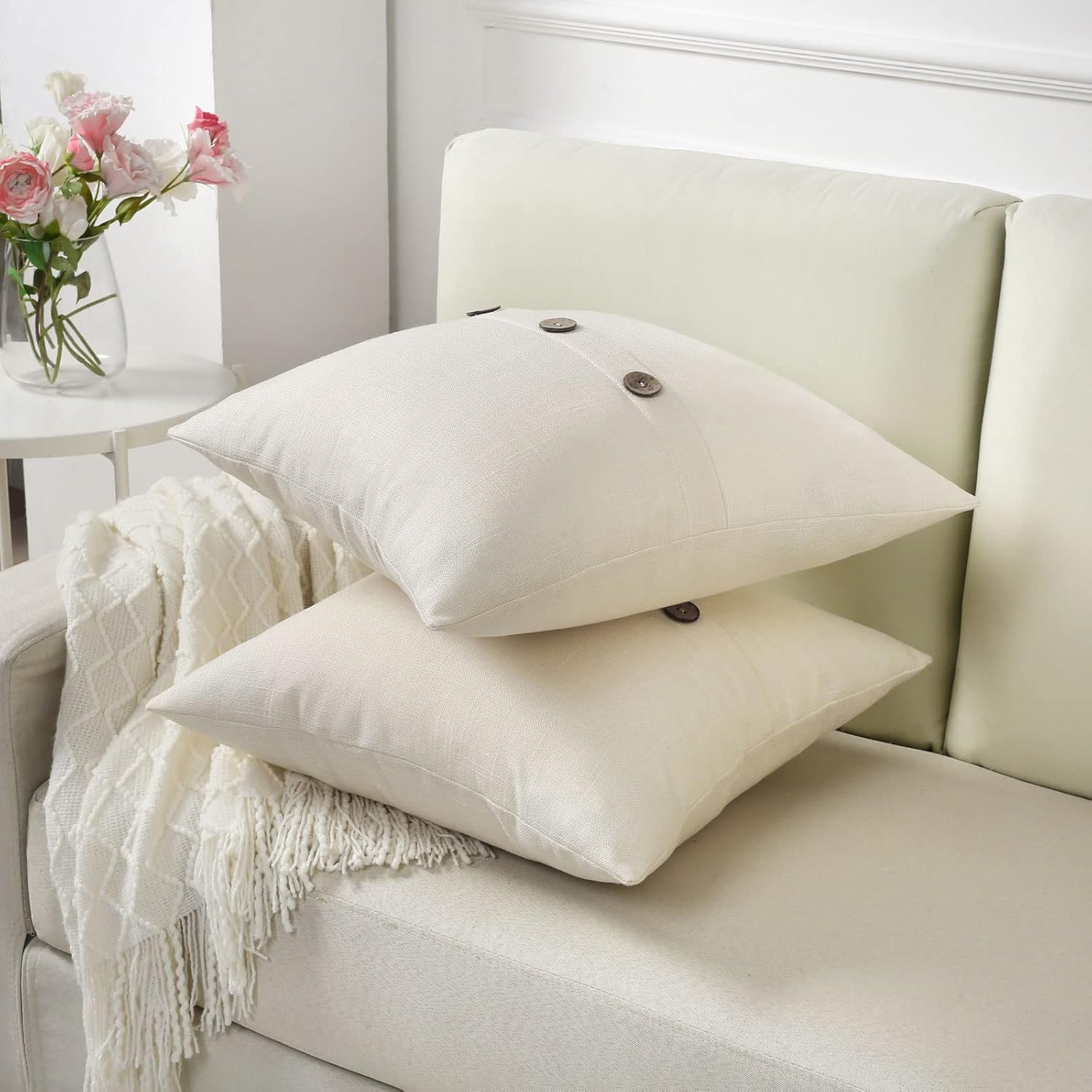 FUTEI Cream White Linen Decorative Throw Pillow Covers 18x18 Inch Set of 2, Square Cushion Case with Vintage Button/Zipper,Modern Farmhouse Home Decor for Couch,Bed