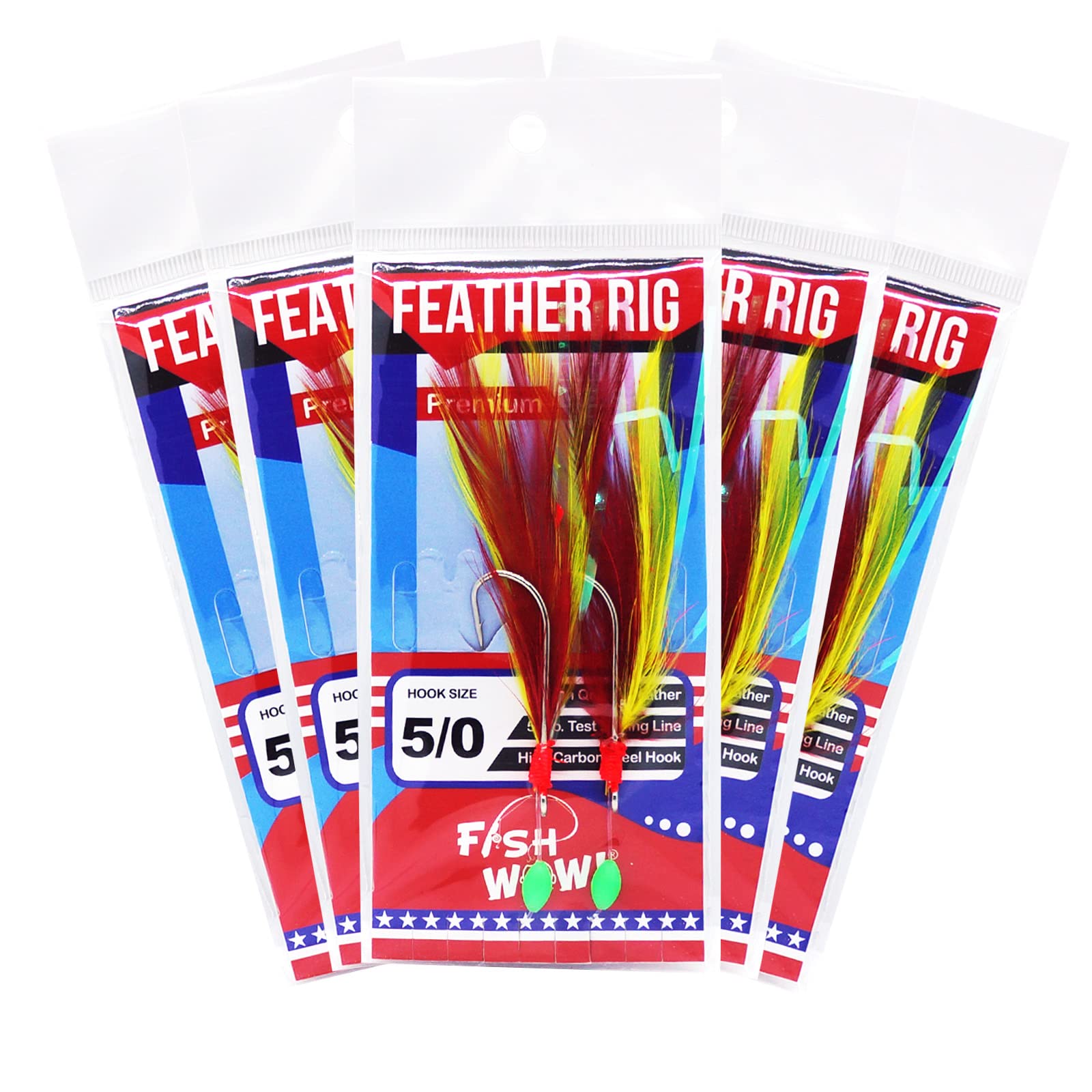 5pks Red Yellow Fish WOW!® Fishing Rockfish Feather Rig Tied with 5/0 Two Hooks Rock cod Lure Bait Rig