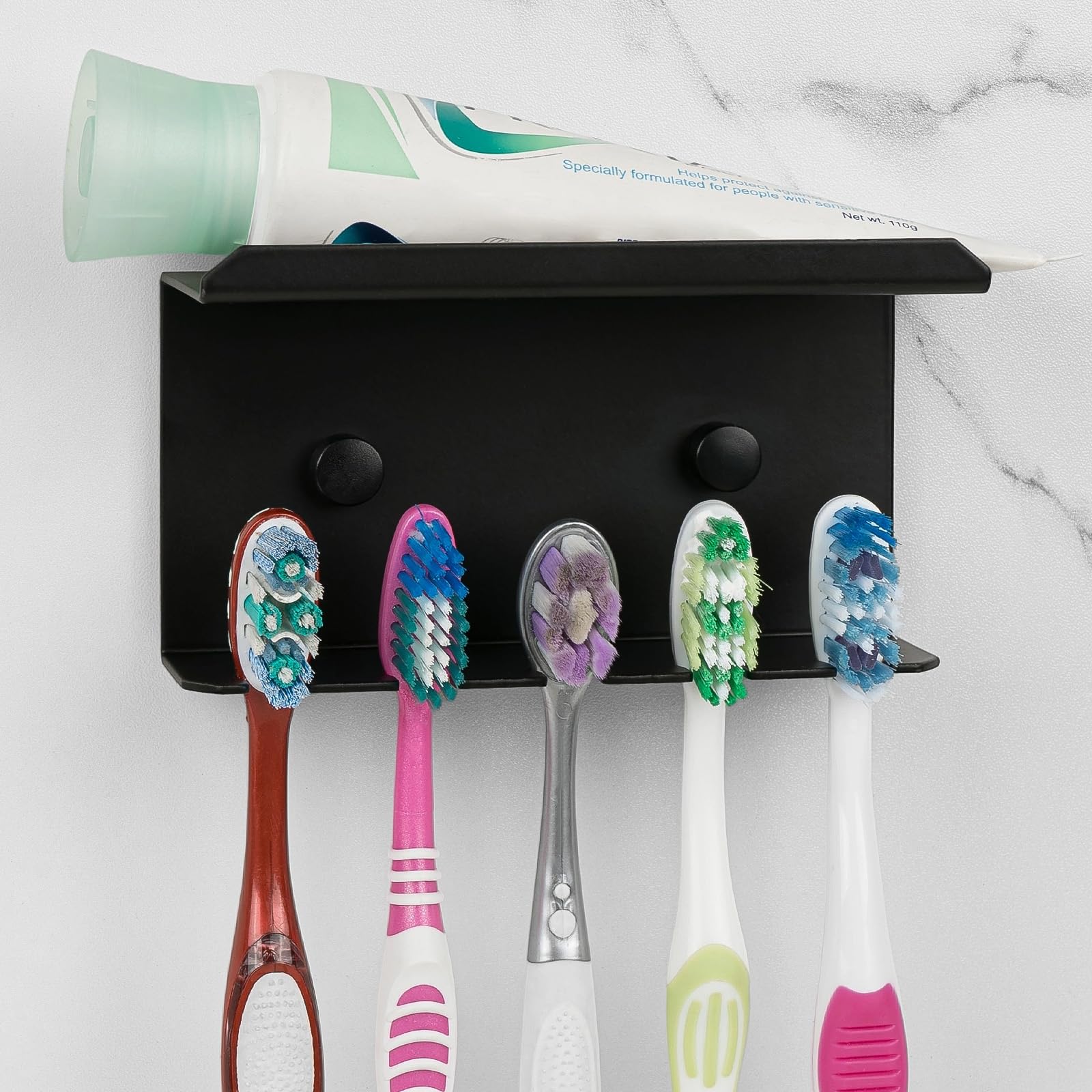 Linkidea Wall Mounted Toothbrush Holder for Shower, Aluminum Self-Adhesive 5 Slots Tooth Brush and Toothpaste Organizer Hanger Compatible with Colgate Extra Clean, Oral-B CrossAction (Black)