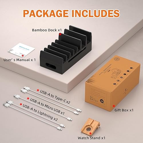 Miniatura 7 de Estación de carga de bambú para múltiples dispositivos con cargador USB de 5 puertos, 5 cables de carga y soporte de reloj. Organizador de