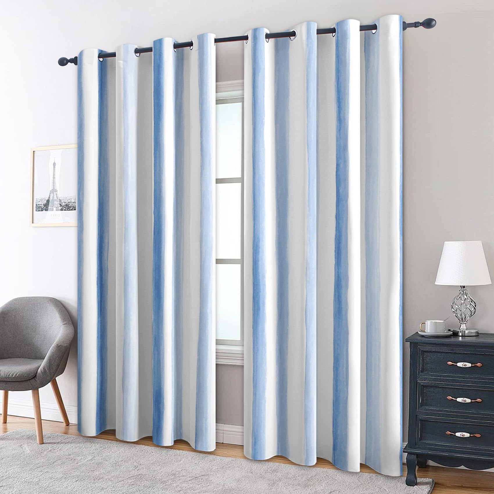 Generisch Blickdichte Vorhänge Vertikal Gestreift Muster, H 245 x B 140 2er Set - Blau Weiß Streifen Fenster Gardinen mit Ösen, 245 cm Lang Curtains Wohnzimmer Schlafzimmer Deko YS233
