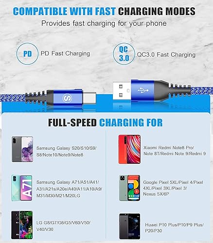 Miniatura 7 de sweguard Cable USB C de 3.1 A de carga rápida paquete de 3, 10 pies+6.6 pies+3.3 pies Azul