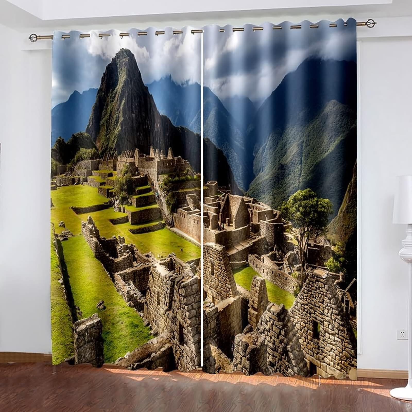 Curtains Rustique, Rideau Salle de Bain Fenetre Jaune Vert Marron Paysage de Montagne Polyester 2 Panneaux 428x183cm