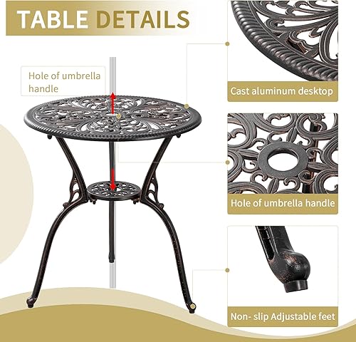 Miniatura 4 de Juego de mesa y sillas de patio para exteriores de 3 piezas, para todo tipo de clima, juegos de bistró de aluminio fundido con agujero para