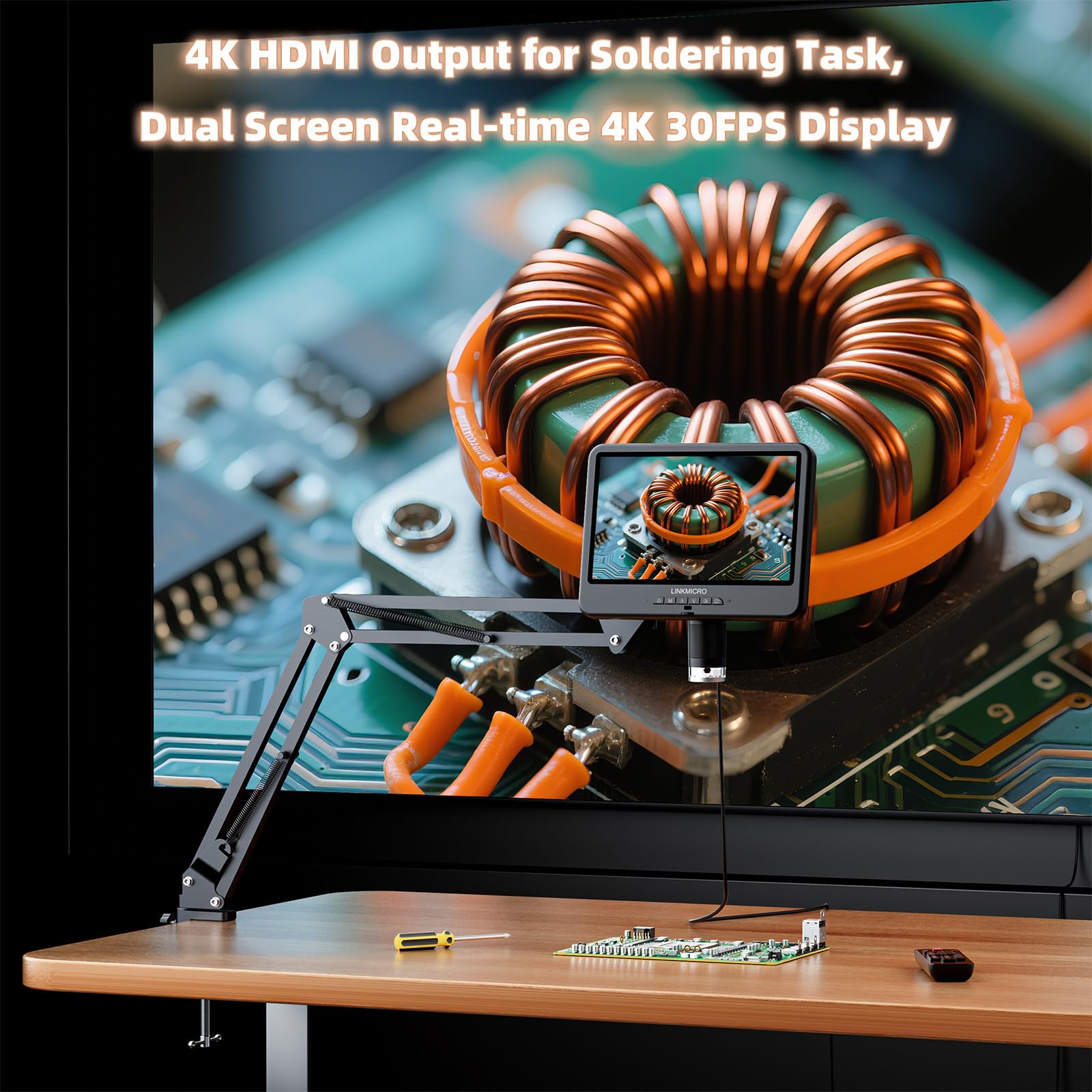 Microscopio digitale 4K 30FPS HDMI 10.1 '' con schermo per riparazione elettronica, LM208S-A 4K fotocamera microscopio saldatura 1500X con supporto braccio flessibile, monete Full View