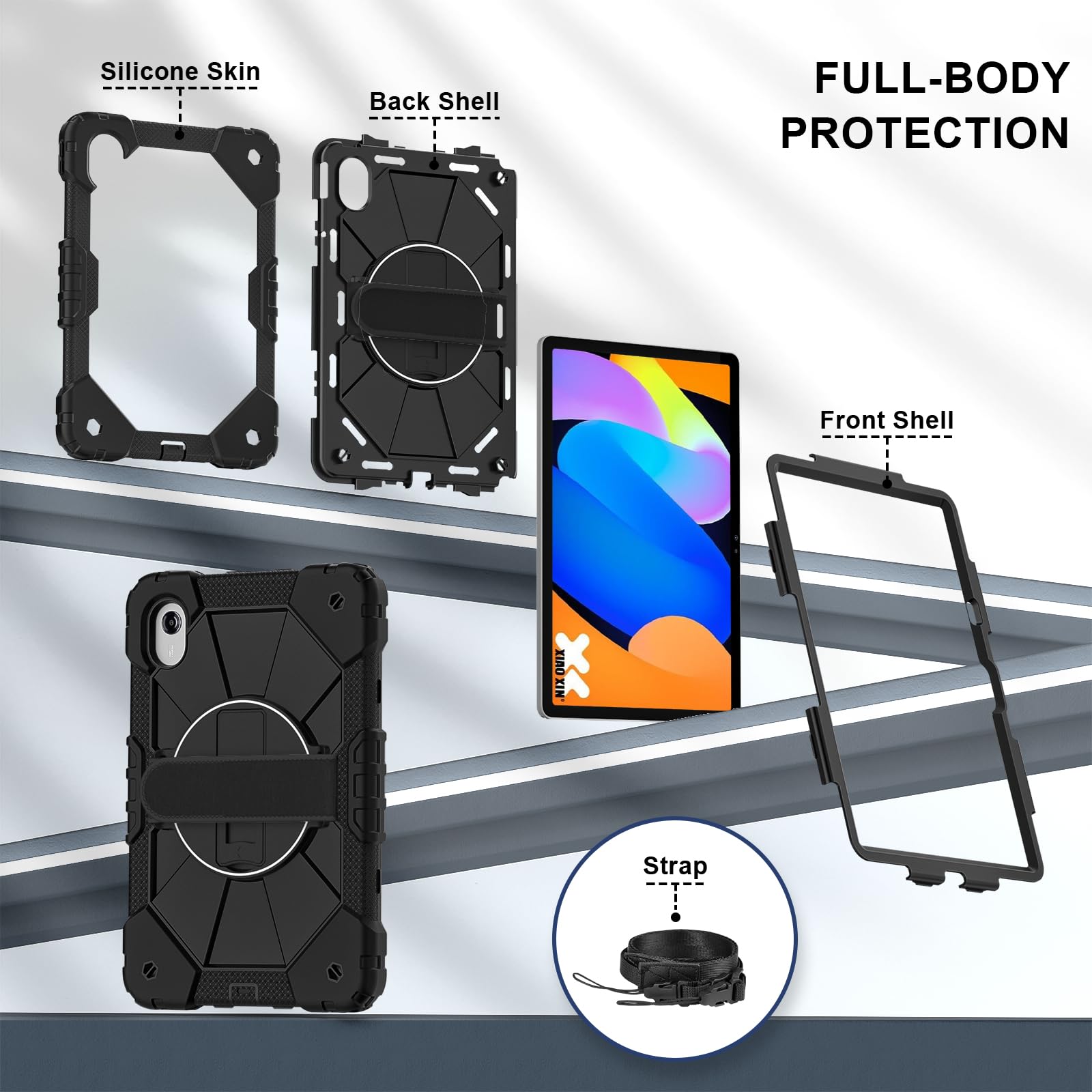 Etui kompatybilne z Motorola Moto Pad (2026) 11 cali, odporne na wstrząsy, pokrowiec ochronny, wytrzymały pokrowiec z TPU, z podpórką i paskiem na ramię (czarne)