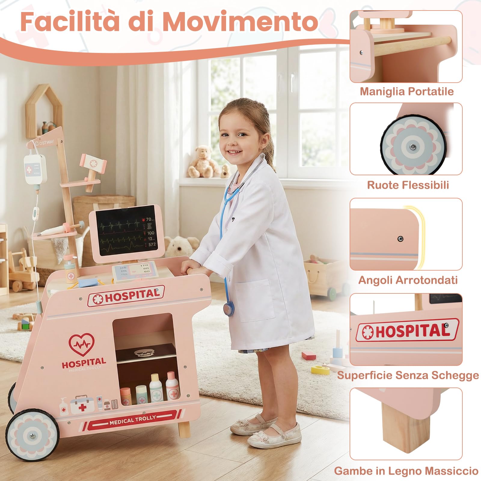 COSTWAY Kit Medico Giocattolo, Centro Medico per Bambini in Legno con Carrello, Macchina TC, Stetoscopio e Accessori Completi, Set Dottoressa Gioco Educativo, Regalo per Bambini 3+ Anni