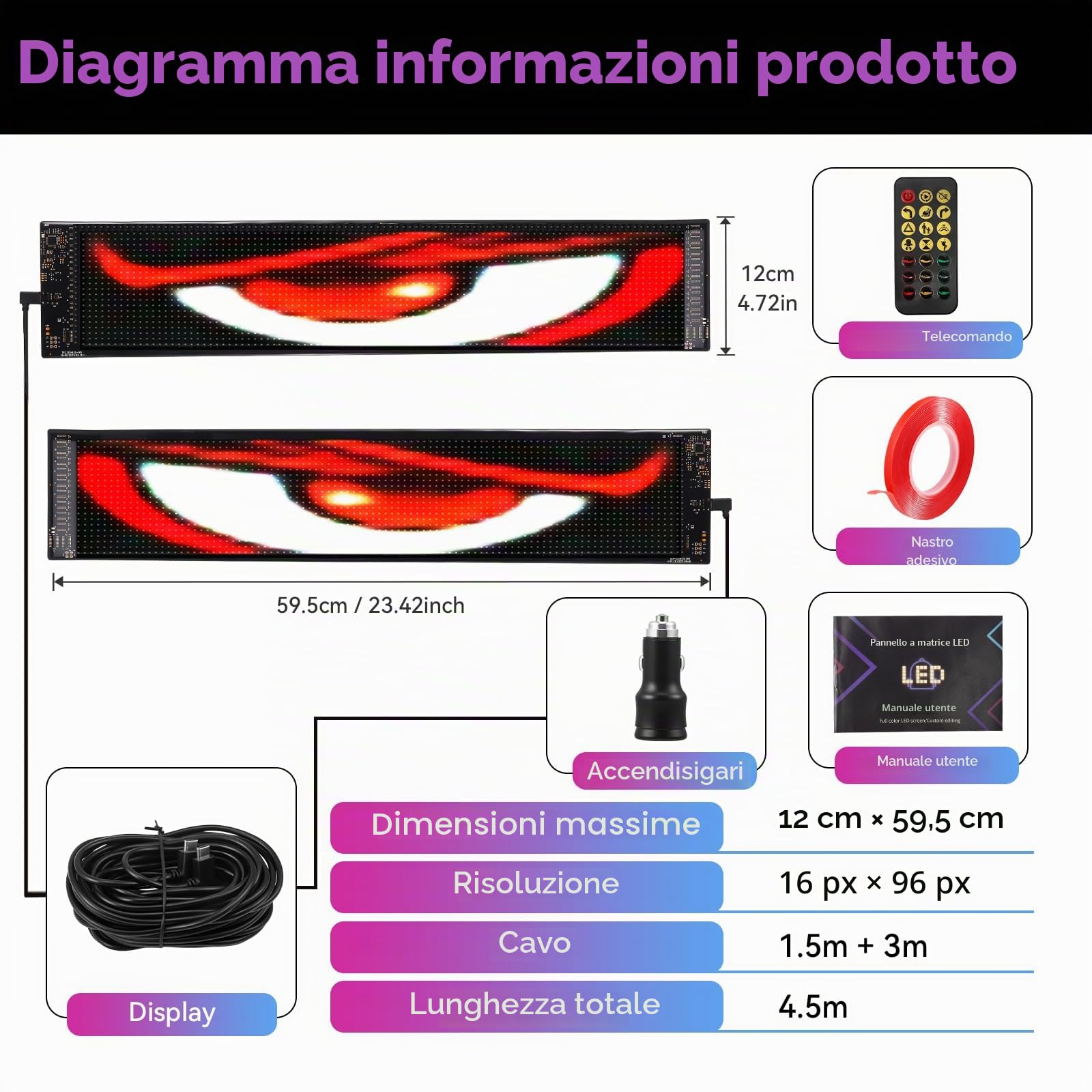 2 grandi occhi LED 120 x 595 mm per auto, occhi LED per camion, display fai da te, display morbido, programmabile, con LED, app, Bluetooth USB 5 V, aspirapolvere diavolo