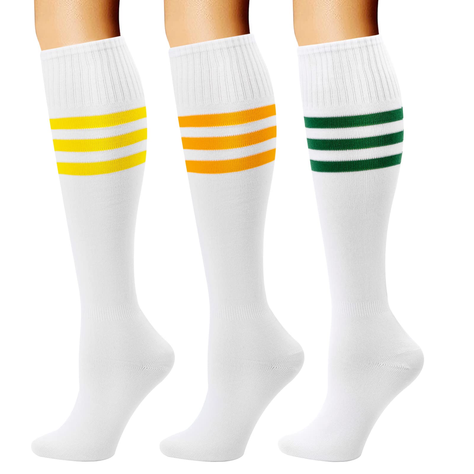 DRESHOW 3 Pares de Calcetines Coloridos Hasta la Rodilla, Calcetines Casuales de Fútbol a Rayas Calcetines Altos Hasta la Rodilla de Bruja Para Hombres y Mujeres