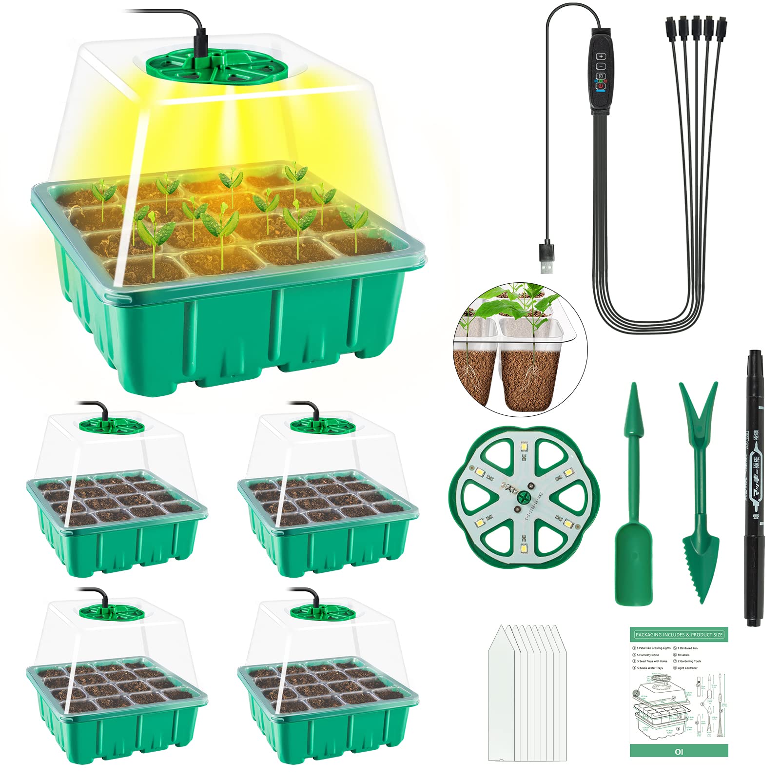 [2023 Upgrade] 5Pcs Seed Starter Tray with Grow Light - Adjustable Brightness & Humidity for Indoor Seed Growing Germinating Propagation, 2 meters Timing Controller, Covers Height 3.9" (16 x 5 Cells)