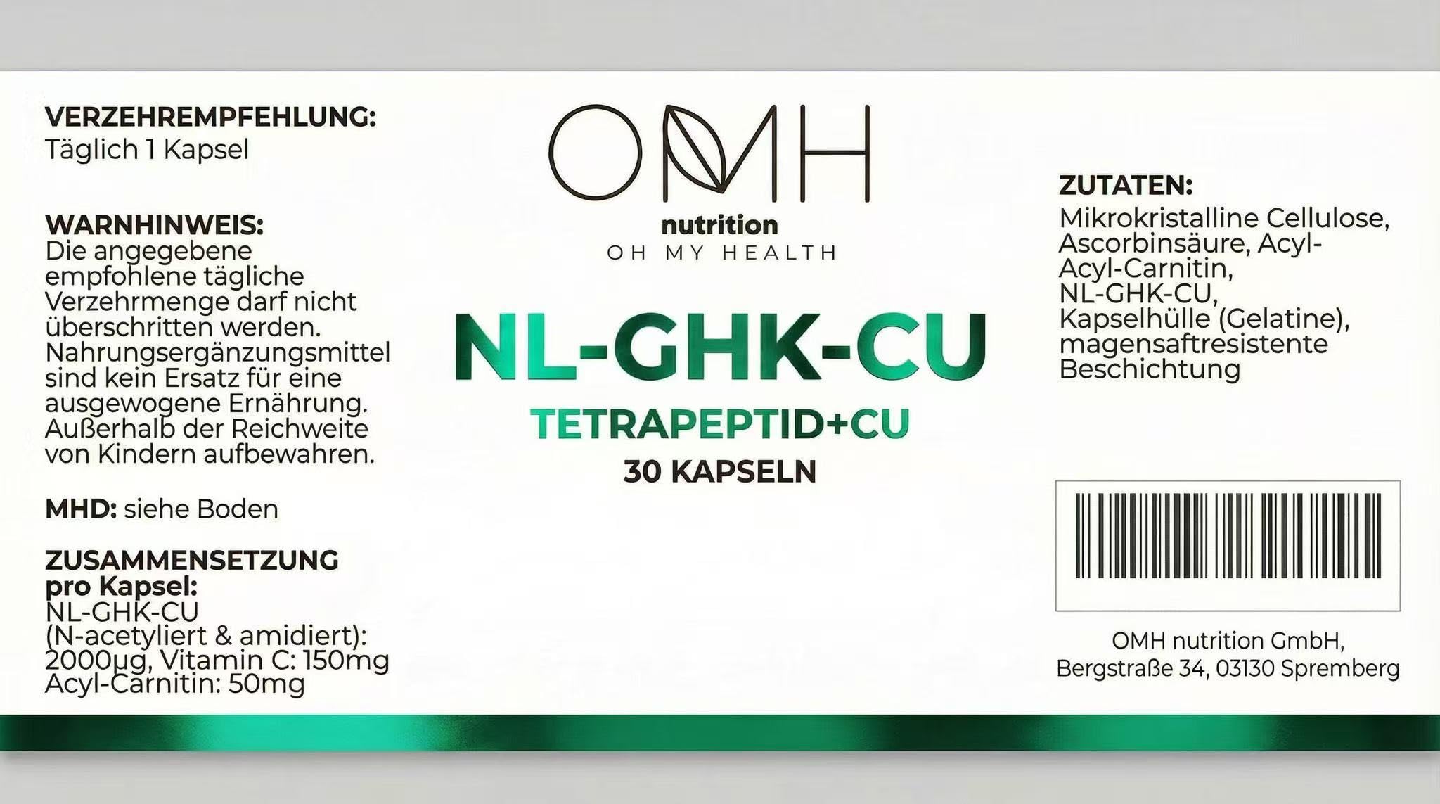 OMH nutrition NL-GHK-CU Tetrapeptid mit Kupfer, 30 Kapseln, 2000mcg pro Kapsel, Nahrungsergänzungsmittel, Laborgeprüft