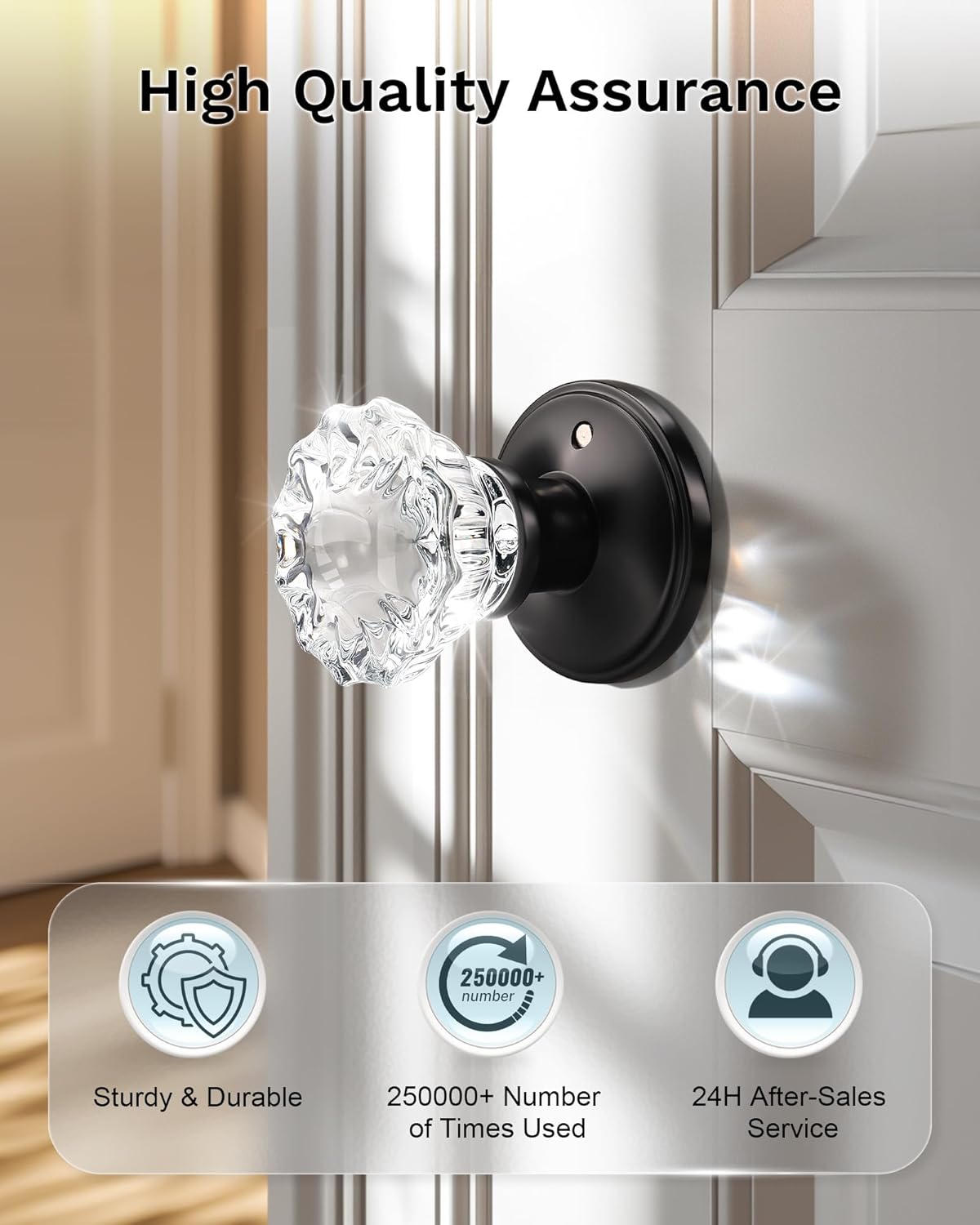KNOBWELL 3 Pack Glass Door Knobs Interior with Lock, Privacy Function Crystal Door Knobs for Bedroom and Bathroom, Modern Glass Door Knob Set Inside in Matte Black Finish