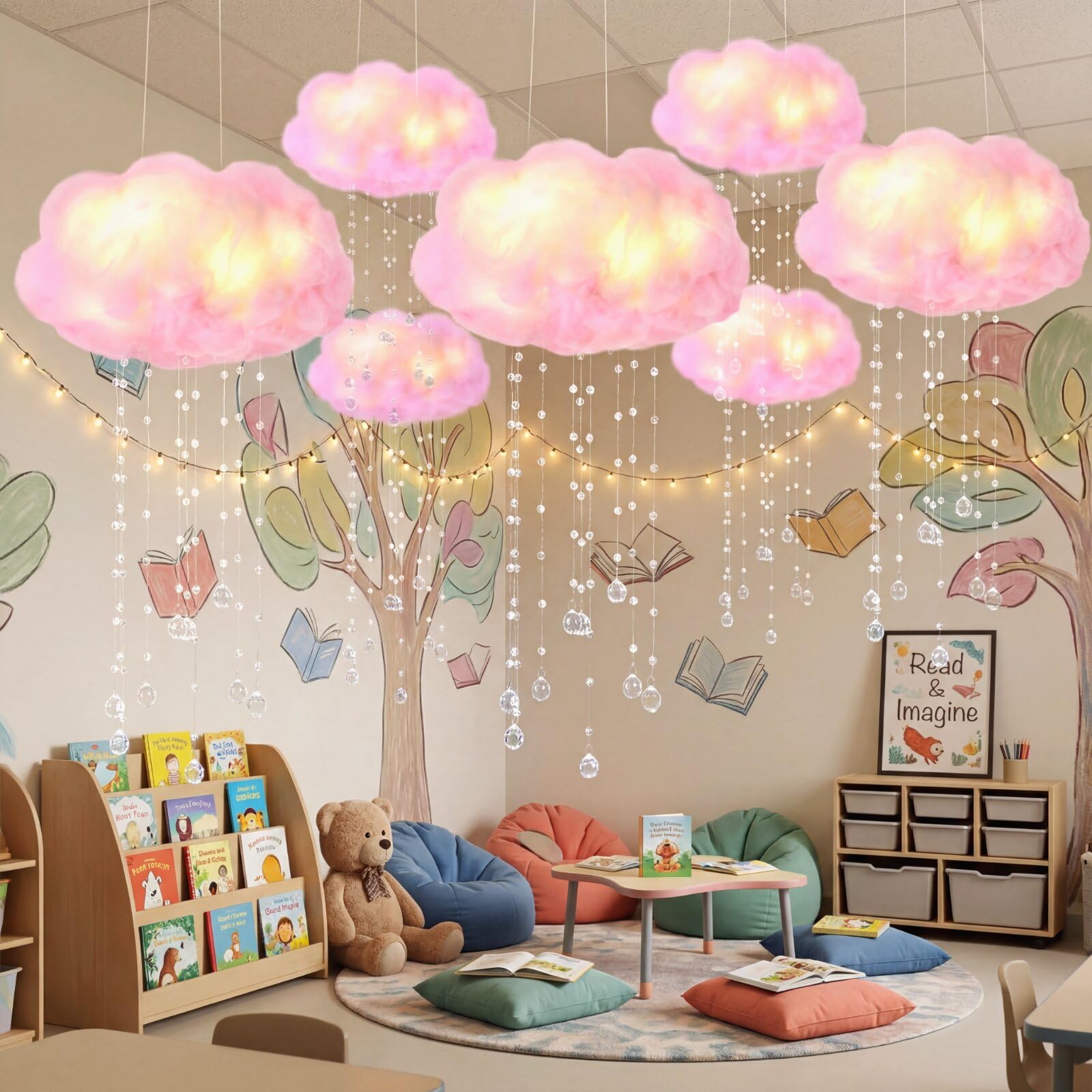 Marsui Künstliche Wolkenrequisiten, LED-Lichterkette, zum Aufhängen, 3D-Baumwolle, Wolke, Klassenzimmer, Schule, Dekoration, Regentropfen für Zimmer, Decke, Babyparty, Party, Hochzeit, Kinderzimmer