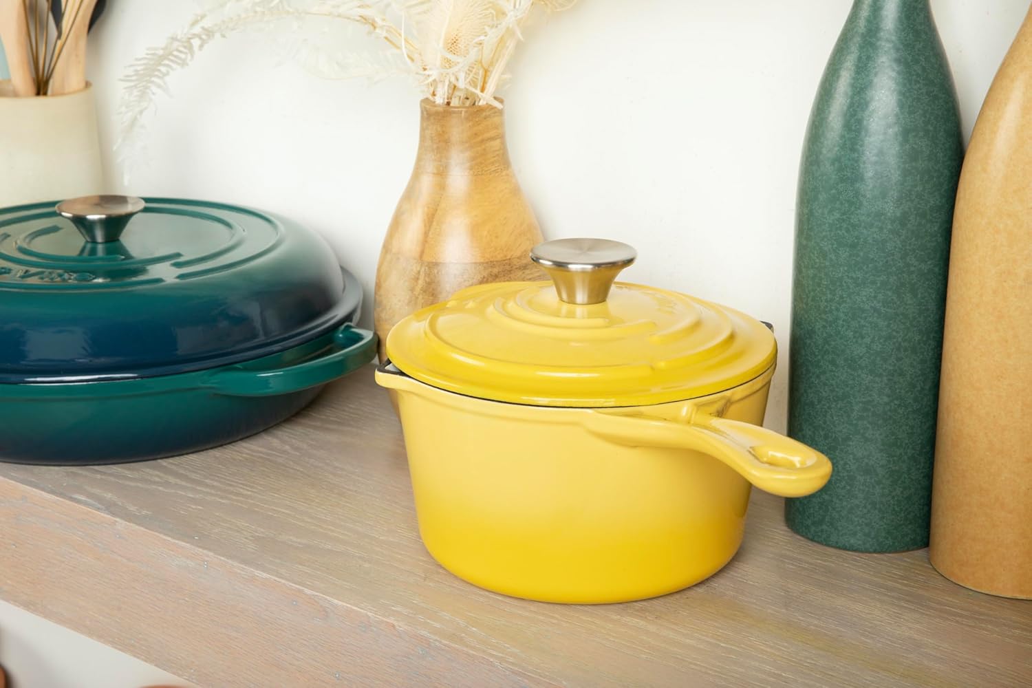 Larder & Vine 4-Piece Enameled Cast Iron Set, Oven Safe and Suitable for All Cooktops – includes 5.7 Quart Dutch Oven Pot with Lid and 2.2 Quart Saucepan with Lid (Limoncello)