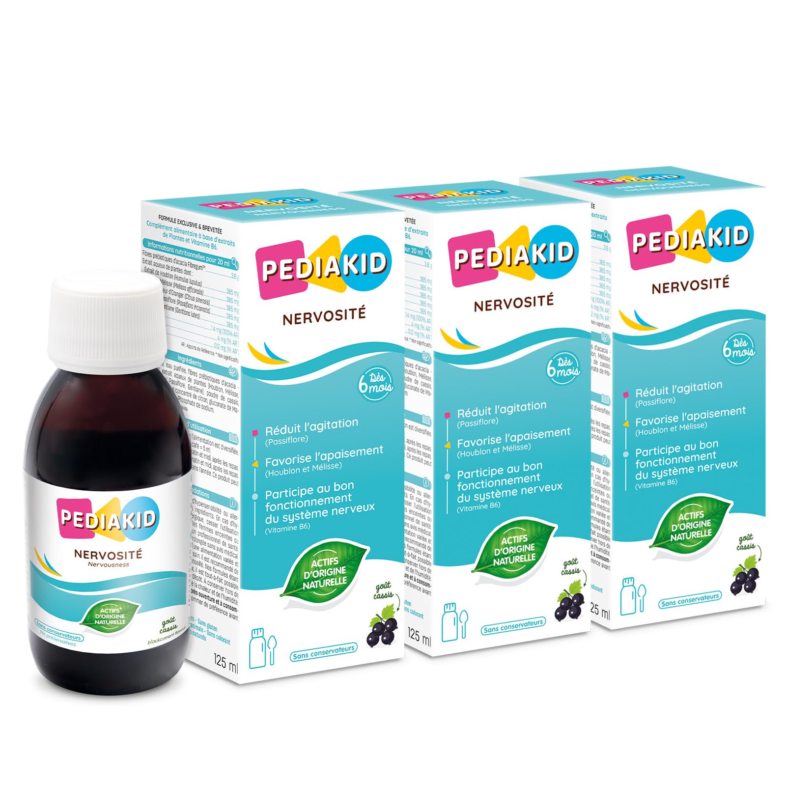 PEDIAKID - Sirop Nervosité - Complément alimentaire naturel - Formule exclusive au sirop d'Agave - Favorise l'apaisement & l'équilibre émotionnel - Réduit l'agitation - Goût Cassis - Lot de 3