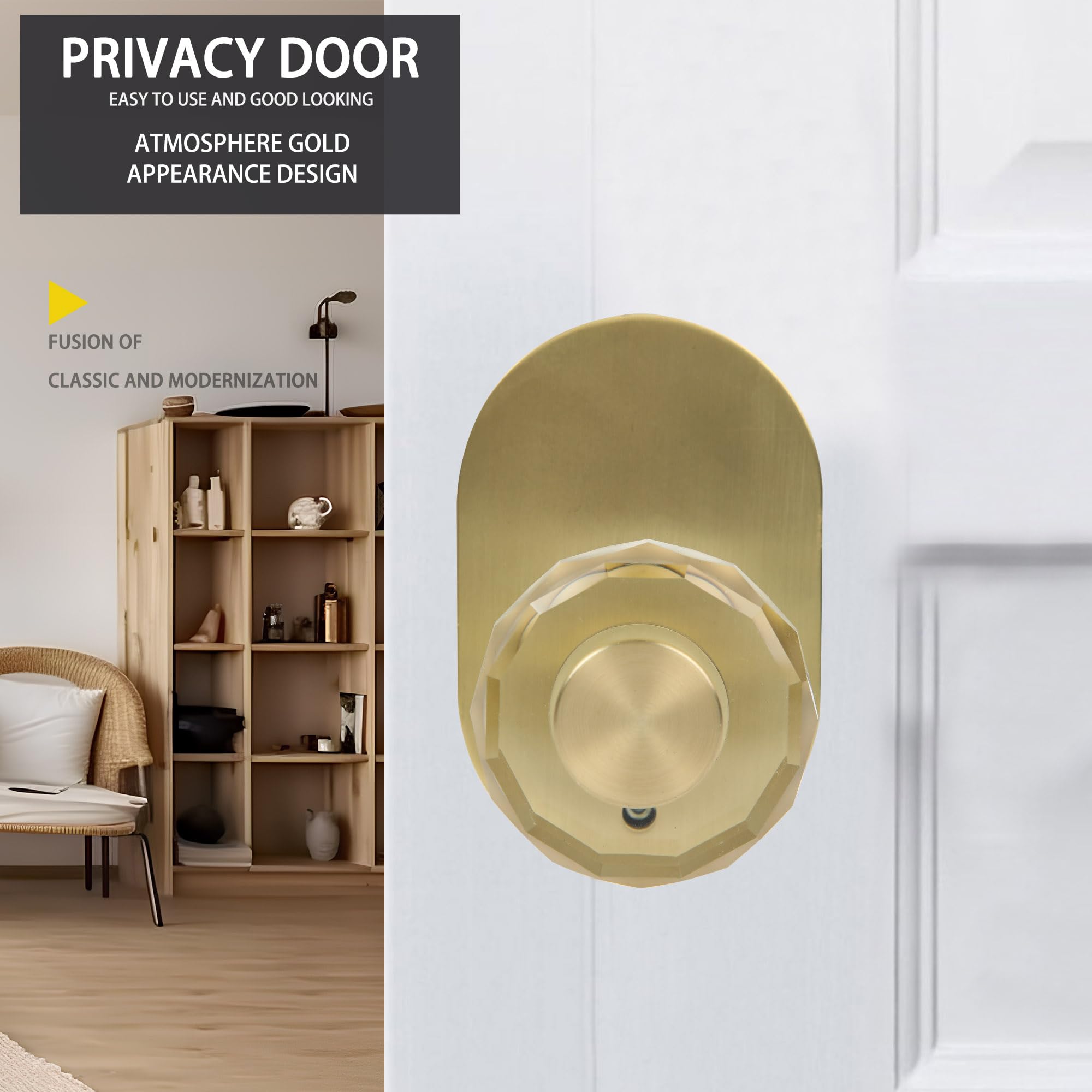 Gold Privacy Door Knob - Lock & Clear Glass -3