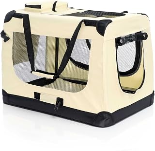 Fudajo Faltbare Transportbox für Hunde, Katzen L (70x52x50cm), robust, leicht, sicher, Hundebox mit Tragegriff und Decke, Beige