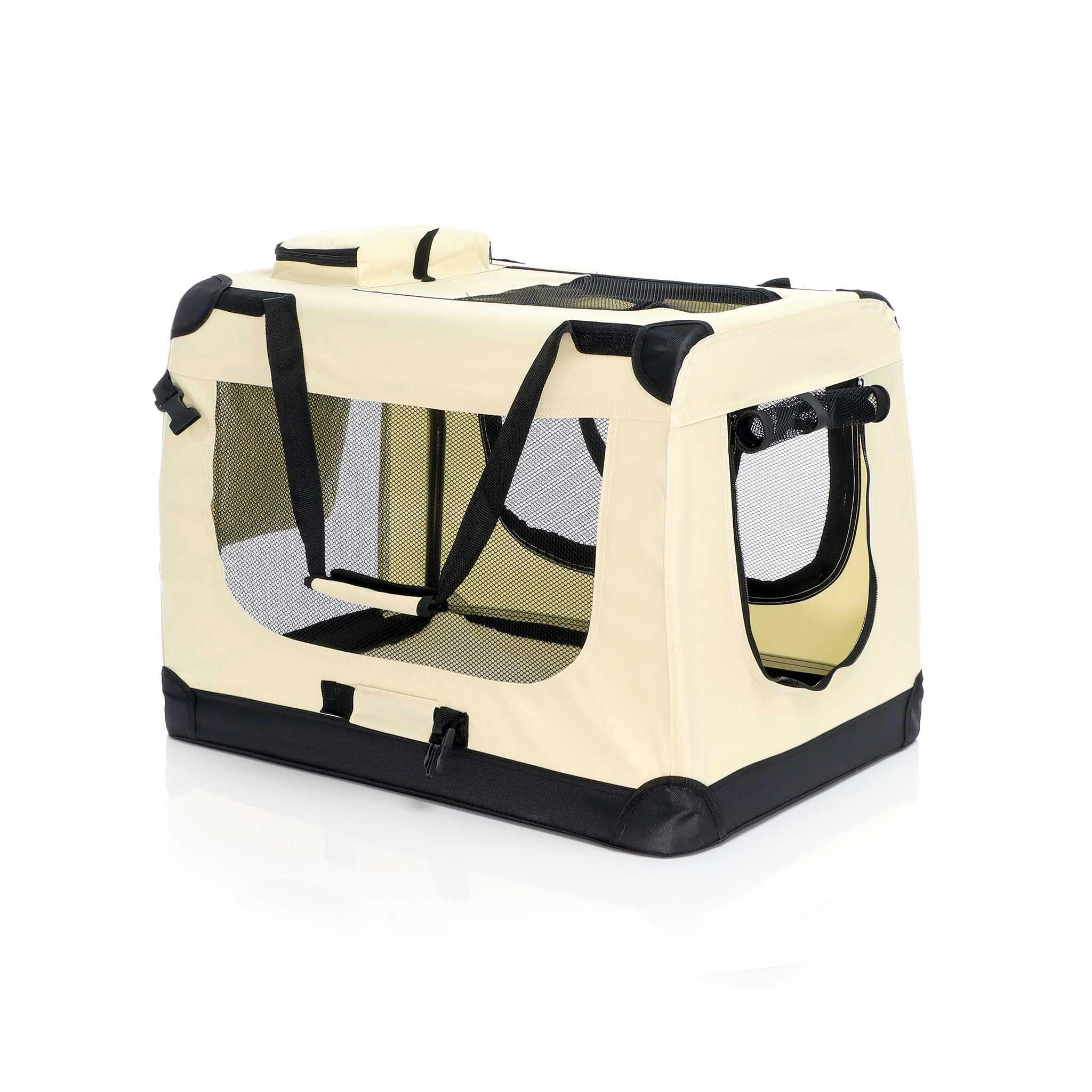 Fudajo Caisse de Transport - Taille L / 70 x 52 x 50 cm/Charge Max 15 kg - Couleur Beige - Pliable - avec Poignée Couverture - Cage boîte de vovage pour Chient Chats Animaux domestiques