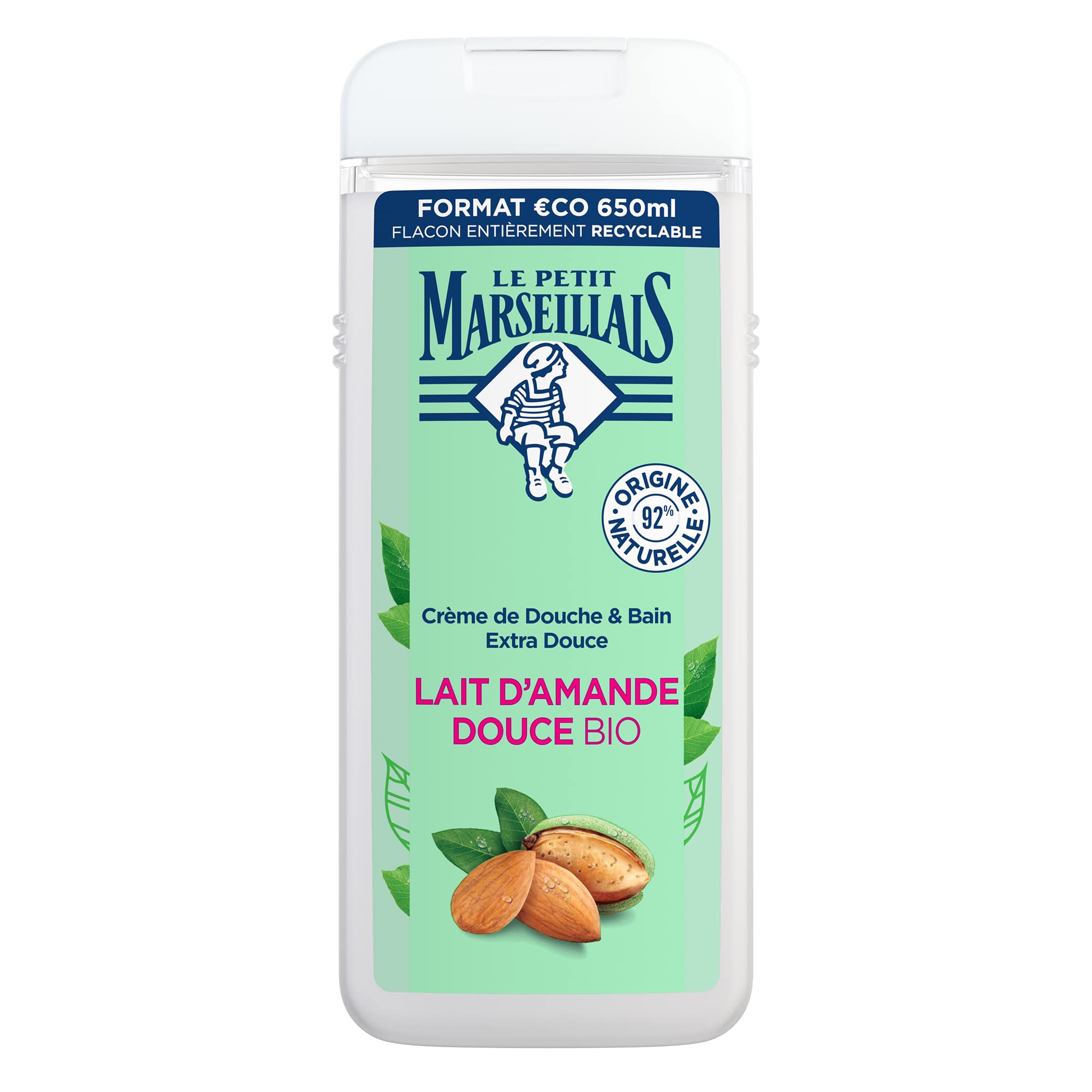 Le Petit Marseillais - Crème de Douche Extra Douce Lait d'Amande Douce Bio (flacon de 650 ml) – Gel douche avec 92 % d'ingrédients d'origine naturelle – pH neutre pour la peau et sans colorant
