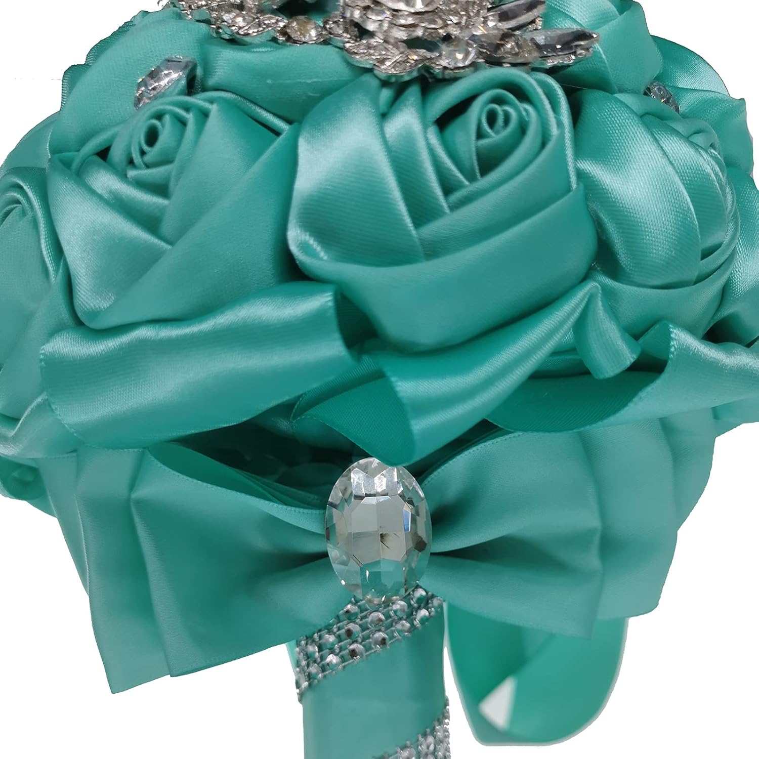 Handmade Romantic Silk Roses Meteor Shower Rhinestone Decor Satin Ribbon Wedding Bouquet Bridal Holding Bouquet Bridesmaid Bouquet Wedding Decoration Flowers (Blue)