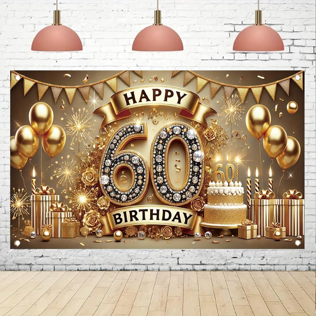 60th Birthday 71x43 Inch Banner for Party Decoration Gold Balloons Cake and GiftsElegant Celebration Decor for Women Men Indoor Outdoor - Image 6
