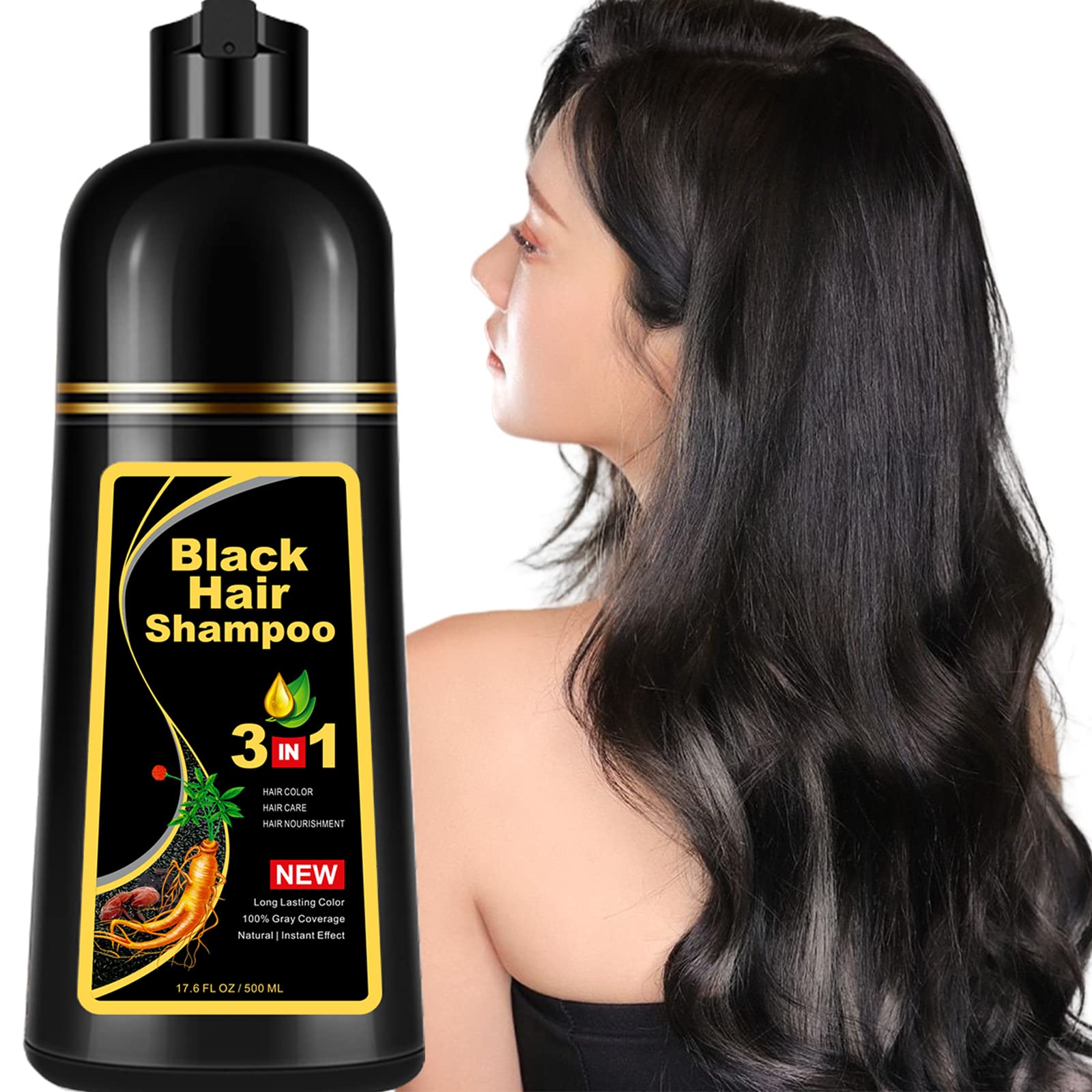 3 IN 1 Black Hair Dye Shampoo for Gray Hair, Natural Hair Color Shampoo for All Hair Types, Champu con tinte para canas, Long Lasting Shampoo That Dye Your Hair Black 16.9 Fl Oz