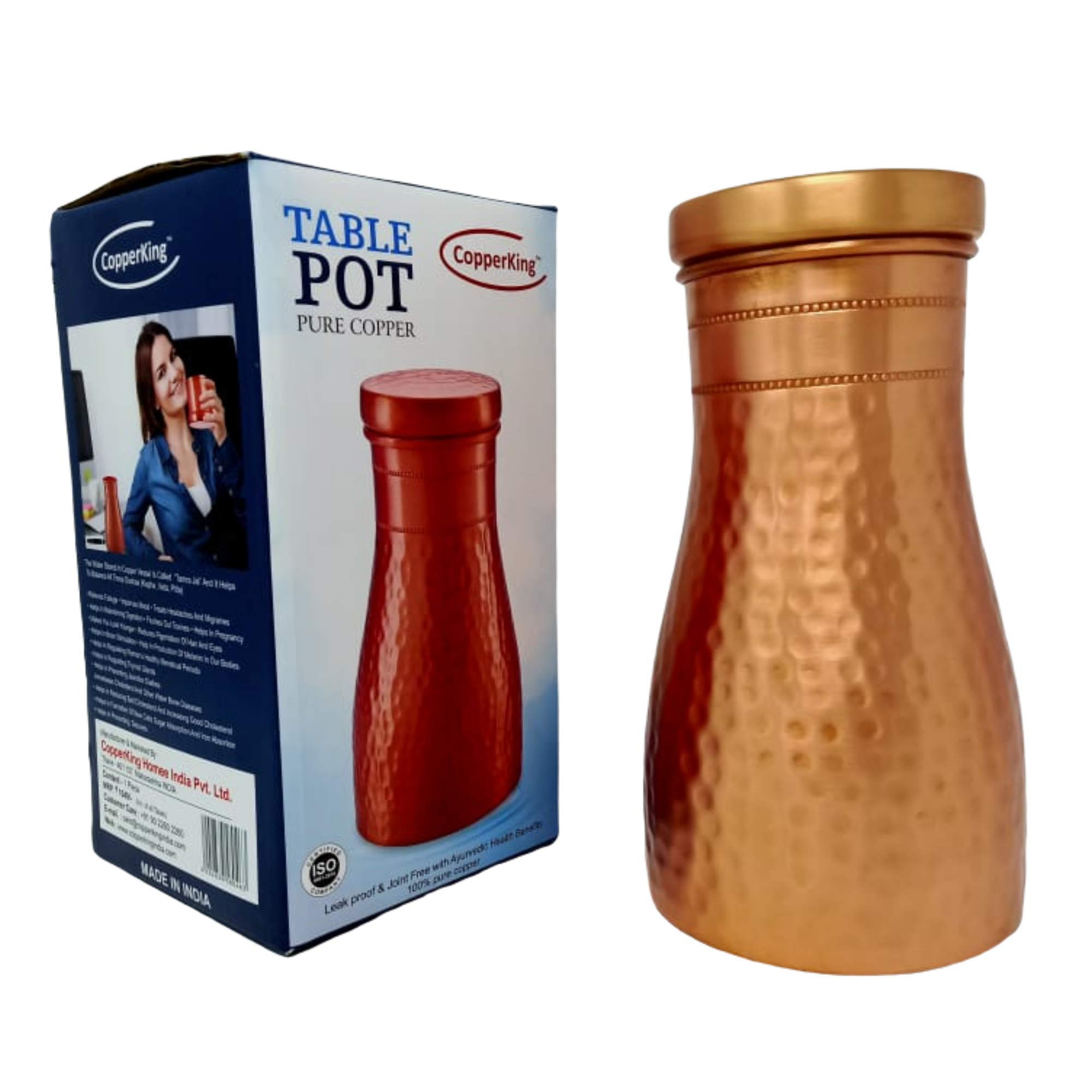 CopperKing Pure Copper Hammered Pitcher with Inbuilt Tumbler | Ayurvedic Solid Copper Water Bottle Drinking Jar with Glass | Best Use for Office, Bedroom, Dining Table Pot - 37oz / 1100 ML / 1.1 Liter