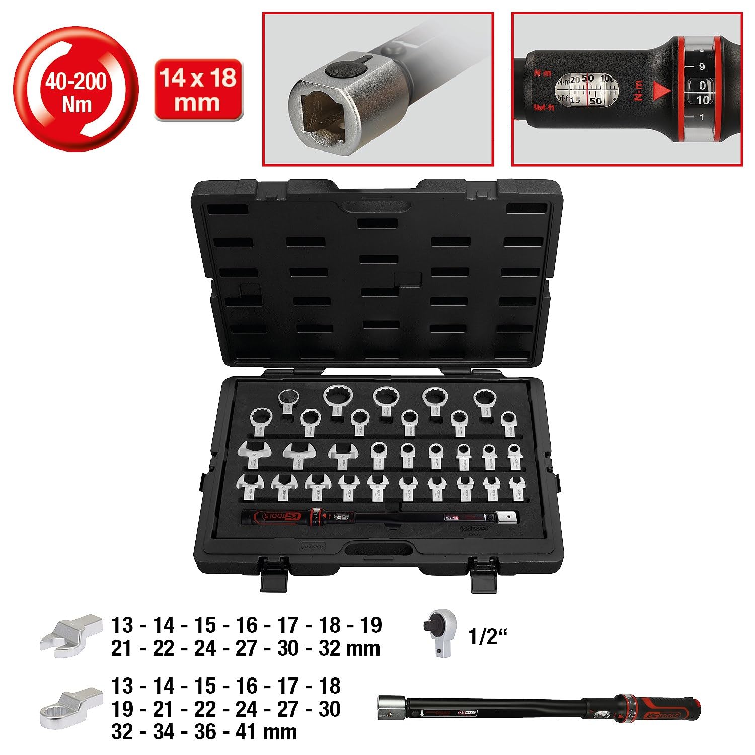 KS TOOLS 516.1730 Clé dynamométrique avec 31 Clés interchangeable 1/2" 40-200 Nm/31 pièces Noir