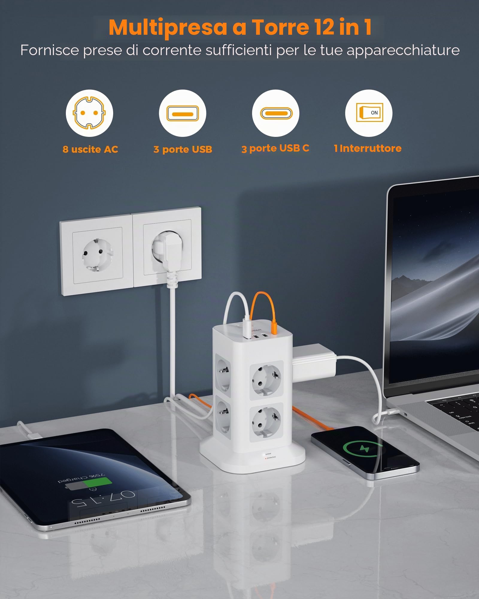 TESSAN Ciabatta Multipresa con 4 USB, Multi presa Elettrica 10 Metri, Presa Protezione Sovratensione con Interruttore