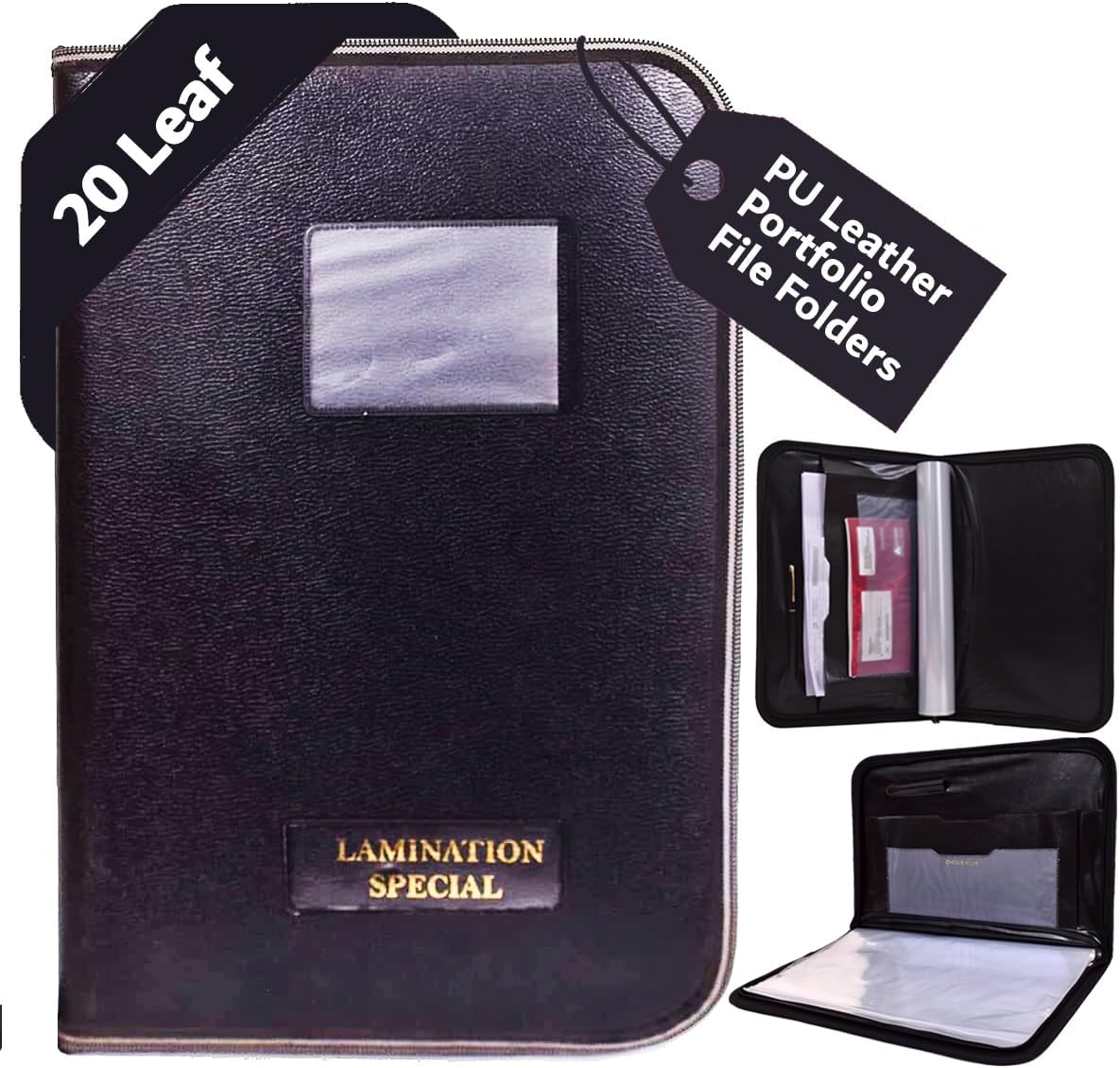 FUTURE X PU Leather 20-Leaf File Folder,Interview Portfolio Professional Files,Zipped File Folders,and Document Holder File Organiser Leaf Certificate File Holder,Bag(Plain Black Portfolio_Pack of 1)