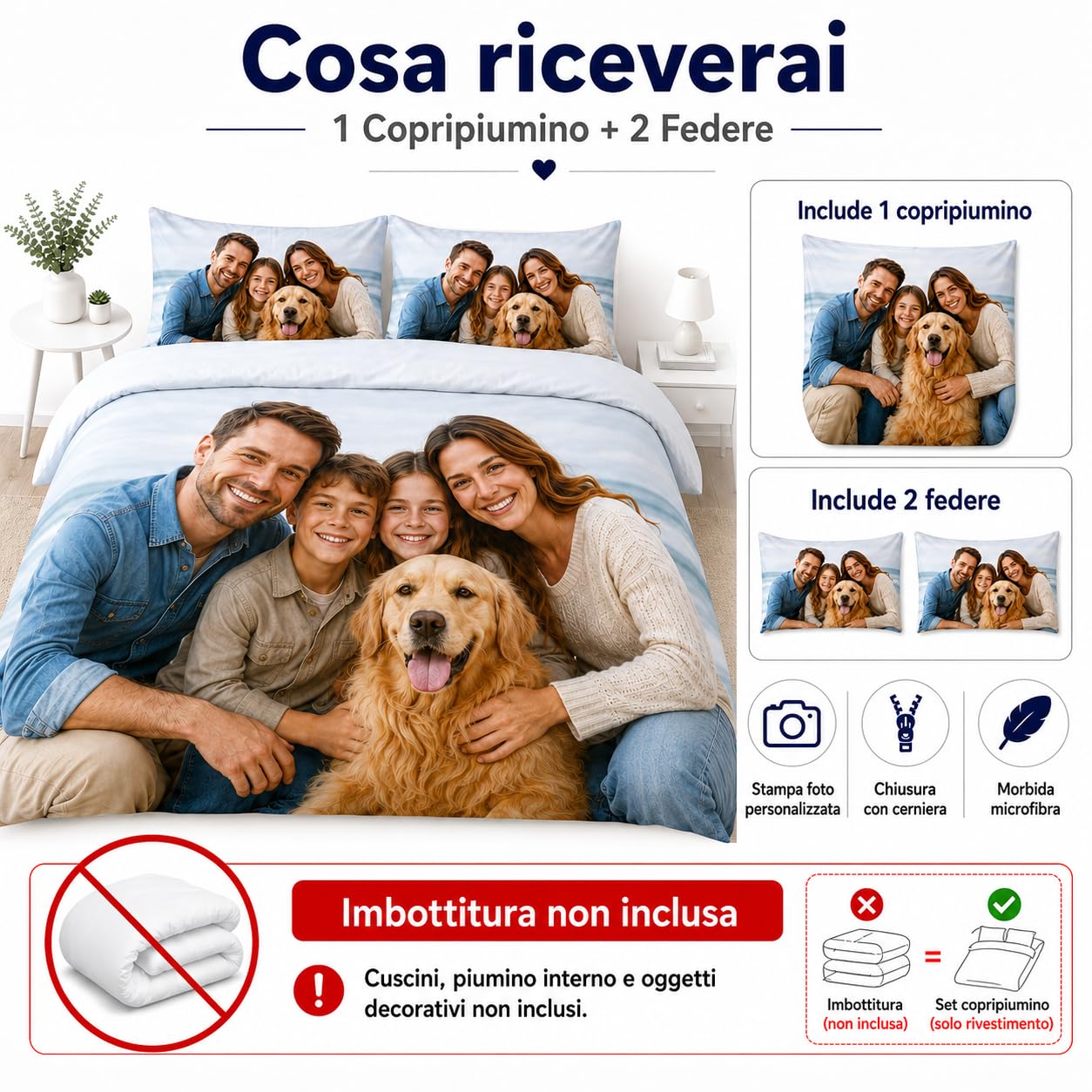 Copripiumino Personalizzato con Foto, Logo, Copripiumino in Microfibra con Cerniera, Misure Singolo, Una Piazza e Mezza e Matrimoniale