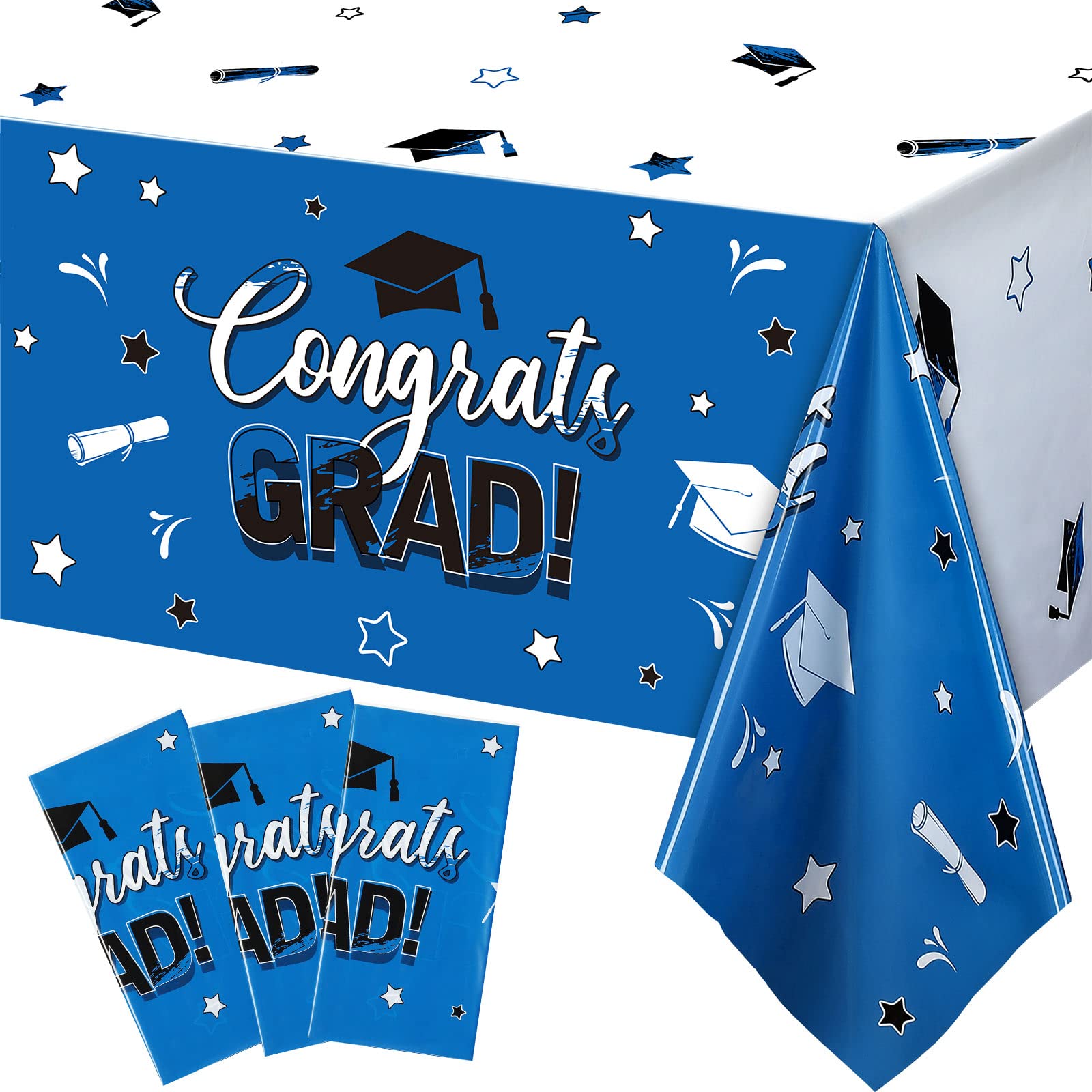 Breling 3 Pack Graduation Party Tablecloth Congrats Class of 2025 Graduation Table Covers Grad Cap Table Cloth Rectangle Plastic Tablecloth for Grad Party Decorations(Classic Style,Blue)