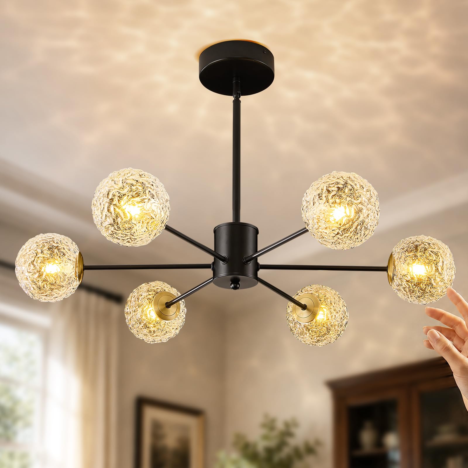 Modern Sputnik Chandelier,6-Light Black Chandelier with Glass Shades, mid Century Semi Flush Mount Ceiling Light Fixture,Pendant Light Fixture for Dining Room,Kitchen Island Bedroom