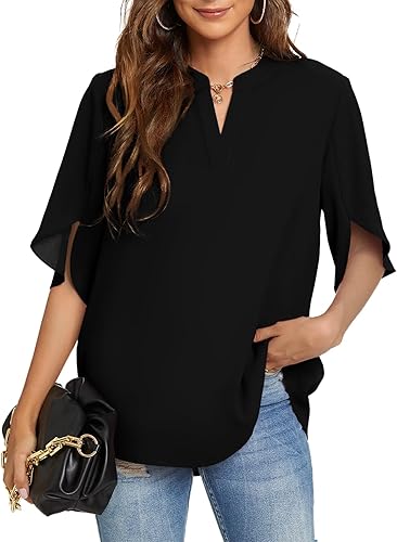 Funlingo - Blusas de verano para mujer, manga corta, casual, cuello en V, blusa elegante de gasa