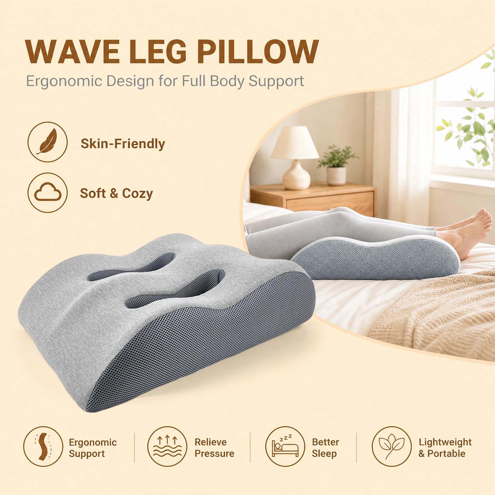 Almohada de apoyo para piernas para postoperatorio y postraumático, espuma viscoelástica, ergonómica, transpirable, para promover la circulación sanguínea (gris claro)