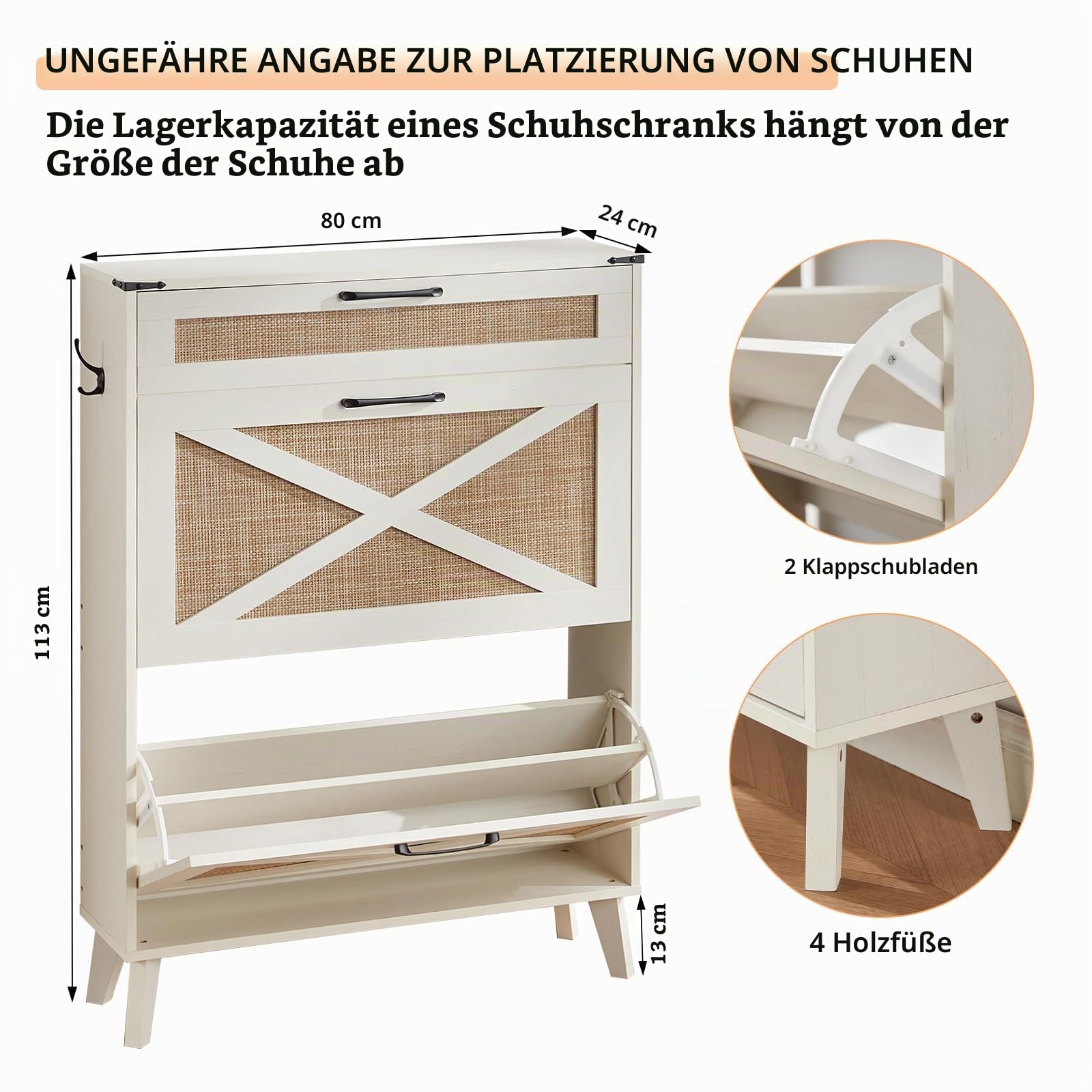 LELELINKY Schuhschrank Für den Schmaler Rattan Eingangsbereich, Weiß | Boho, für 16–20 Paar Schuhe, 2 verstellbaren Doppel-Klappschubladen, großen Schubladen, 80x24x113 cm (L x B x H)