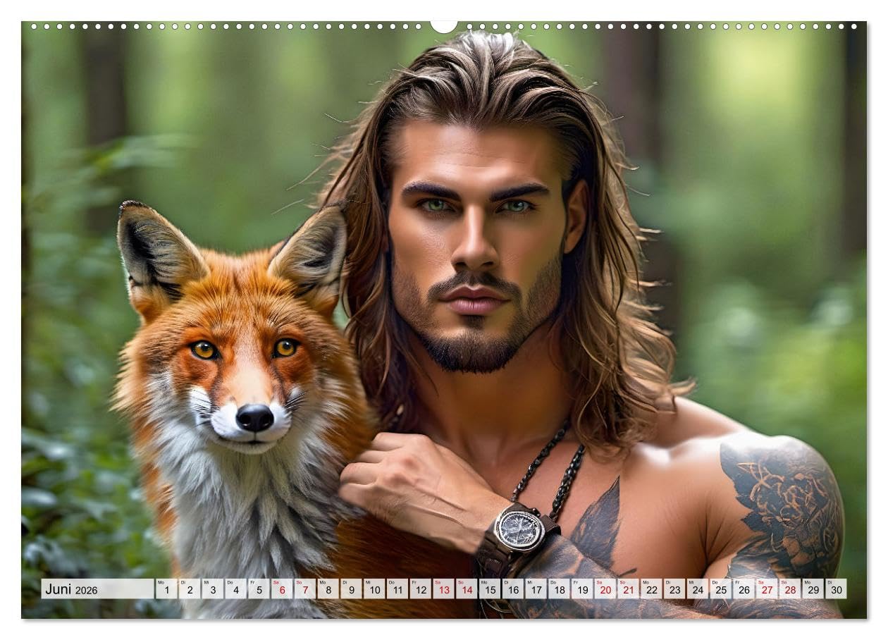Naturburschen im Wald - Muskeln, Tattoos und Waldbewohner (hochwertiger Premium Wandkalender 2026 DIN A2 quer), Kunstdruck in Hochglanz: Einzigartige ... in tiefen Wäldern (CALVENDO Tiere)