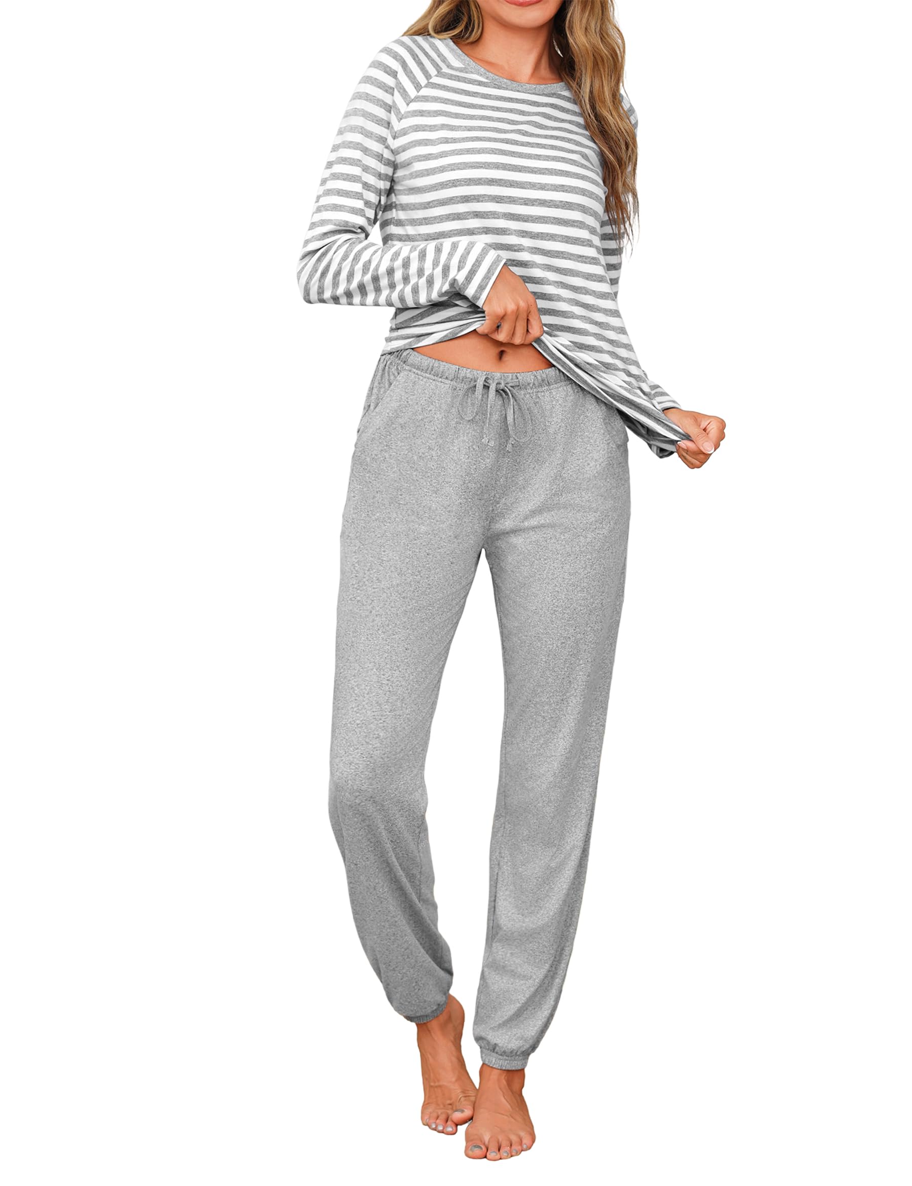 Uniexcosm Schlafanzug Damen Lang Baumwolle mit Streifen | zweiteilig Herbst Winter Pyjama Set mit Rundhals Taschen für Schlafen Zuhause Reise und entspannte Abende