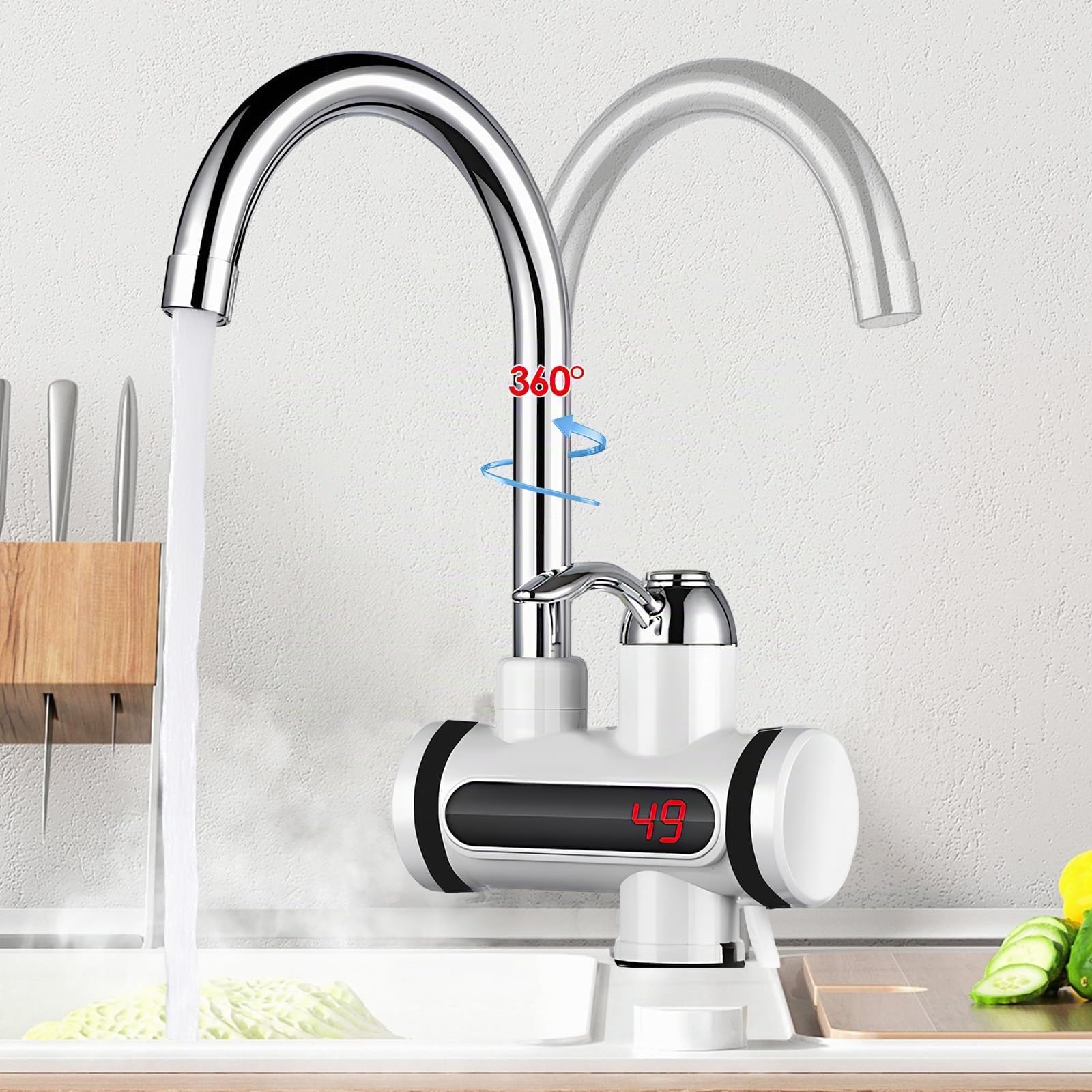 Robinet d'eau chaude instantané 230 V, 3000 W, chauffe-eau électrique avec affichage numérique LED, robinet chauffant électrique rotatif à 360° en acier inoxydable pour cuisine, salle de bain et