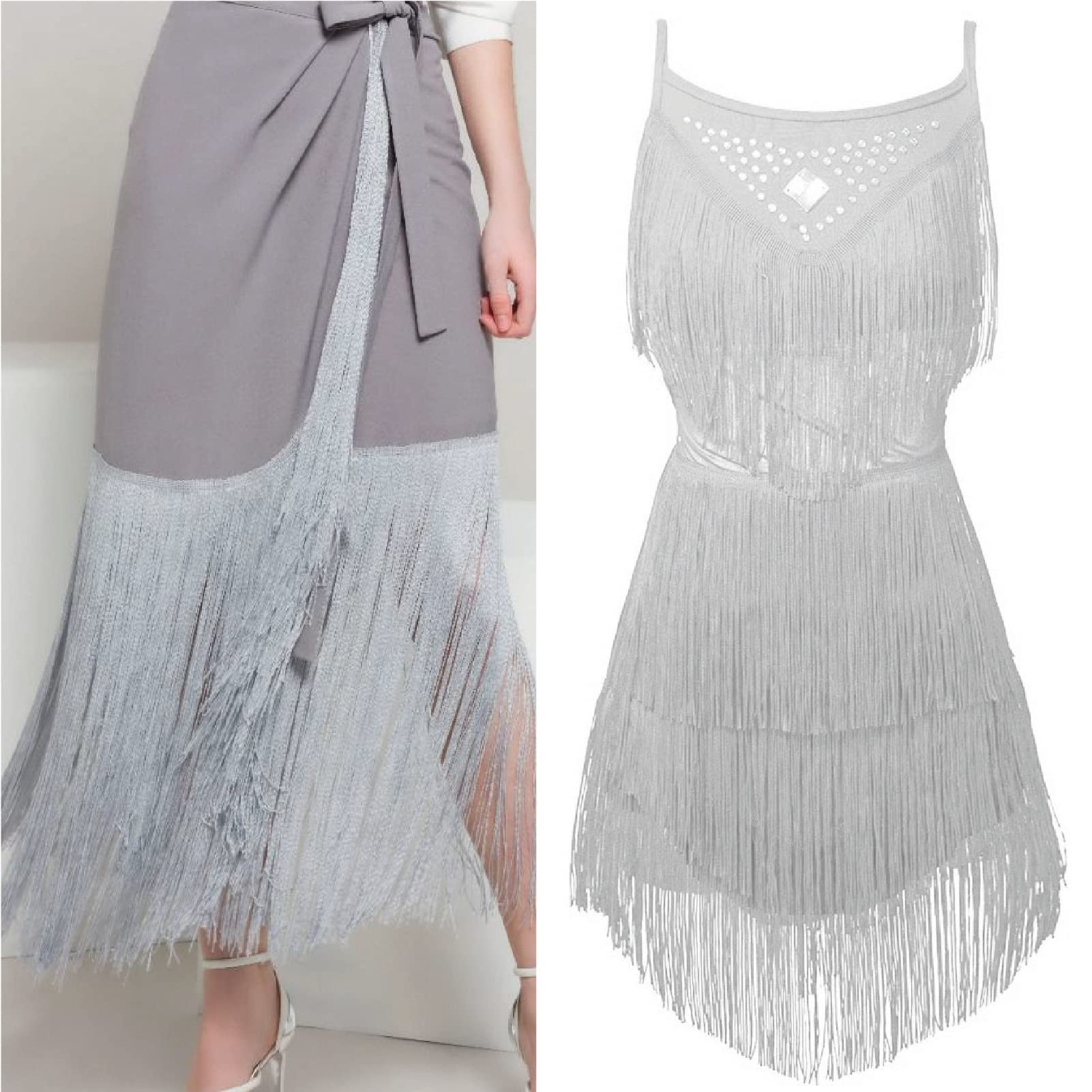 TEXTEX = Cuquillo Fringe for Sewing Flamenco and Sevillana. Composition Rayon 100%. Length of 20 cm. 5m Pieces. (Snow Gray) - Image 4