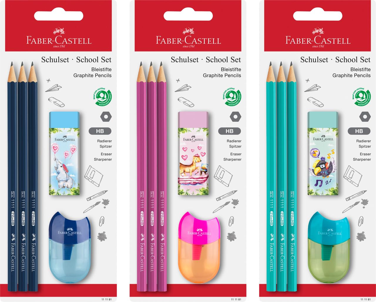 Faber-Castell 3 x Graphite Pencil School Set, 1 x Happy Jungle Eraser and 1 x Quality Sharpening Box - HB - Random Pencil Colour on purchase