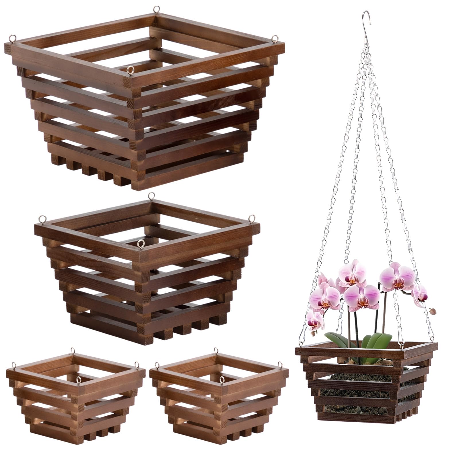 SiliFine 5 cesti in legno per orchidee con ganci, in legno di pino, rustici, per orchidee, fatti a mano, per interni ed esterni, giardino, felci e fiori (15,2 cm, 20,3 cm, 25,4 cm)