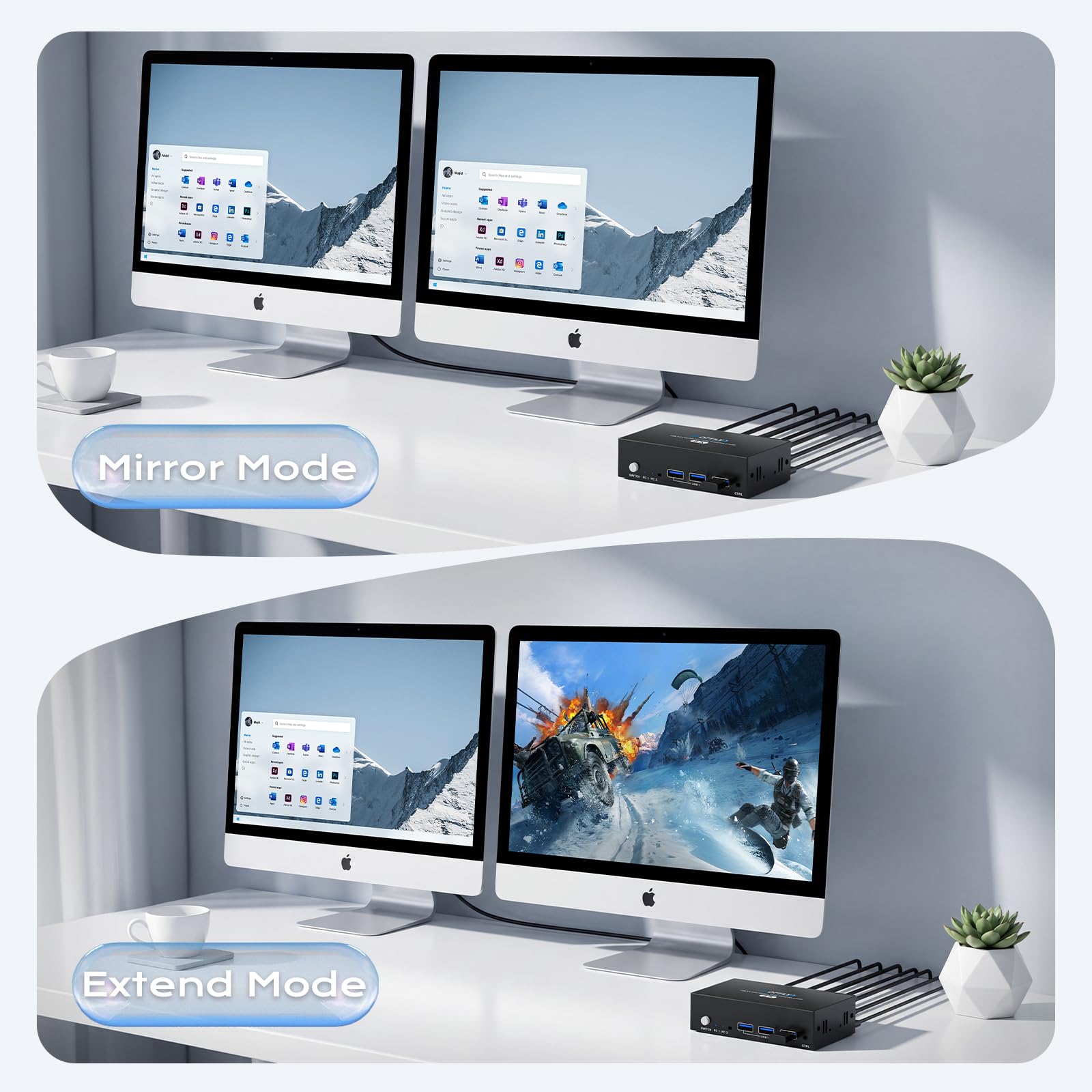 HDMI KVM Switch 2 PC 2 Monitor 8K@60 Hz 4K@120Hz, KVM Switch für 2 Computer Teilen 2 Monitor und 4 USB Geräte mit 2 USB 3.0 Kabeln und Desktop-Controller