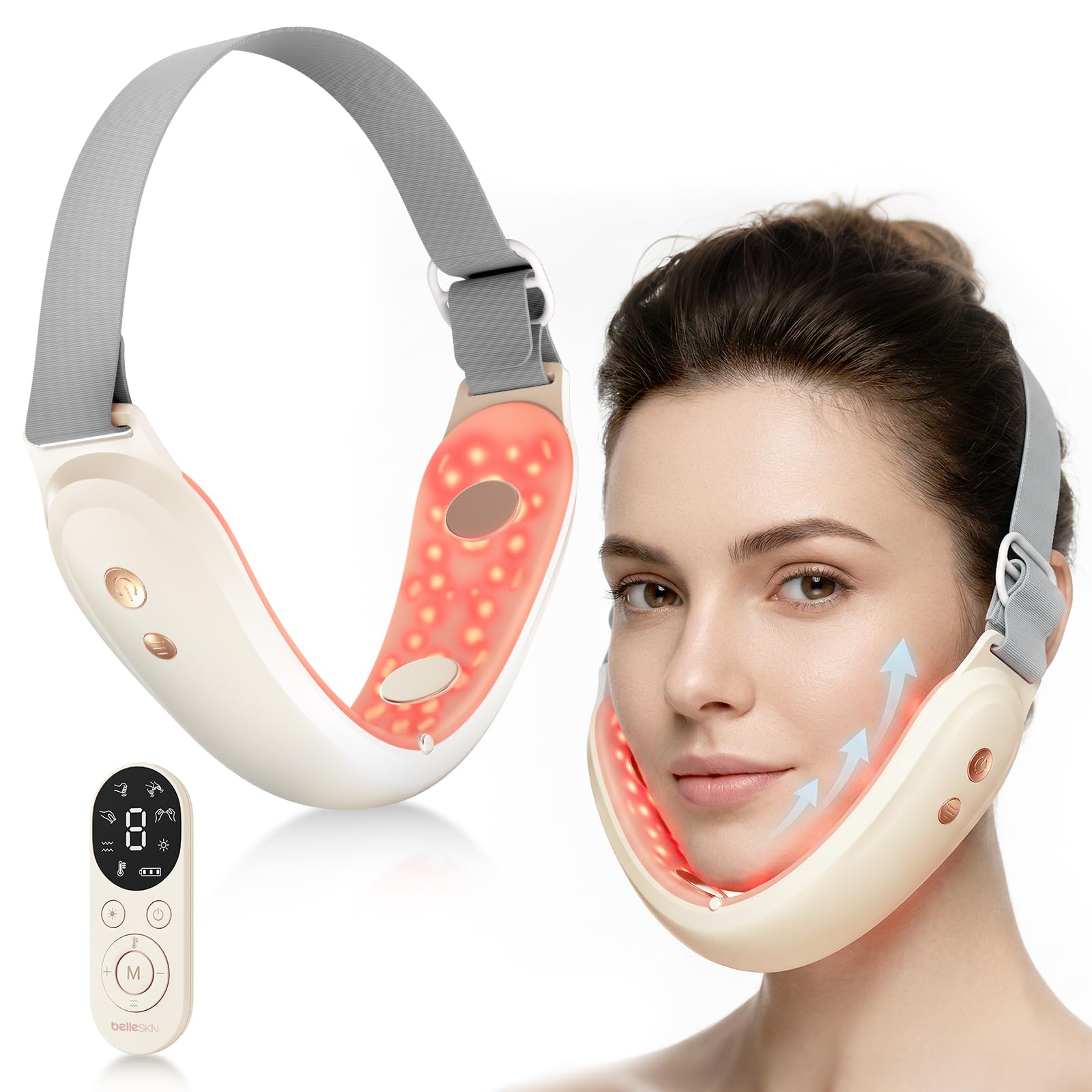 Doppelkinn Entferner, Elektrisches V-Face Shaping Massager, 9 Intensitätsstufen 4 EMS Modi, 42°C Rot & Blaue Gesichtsmassagegerät, Face Lifting Gerät Gegen Falten mit Fernbedienung