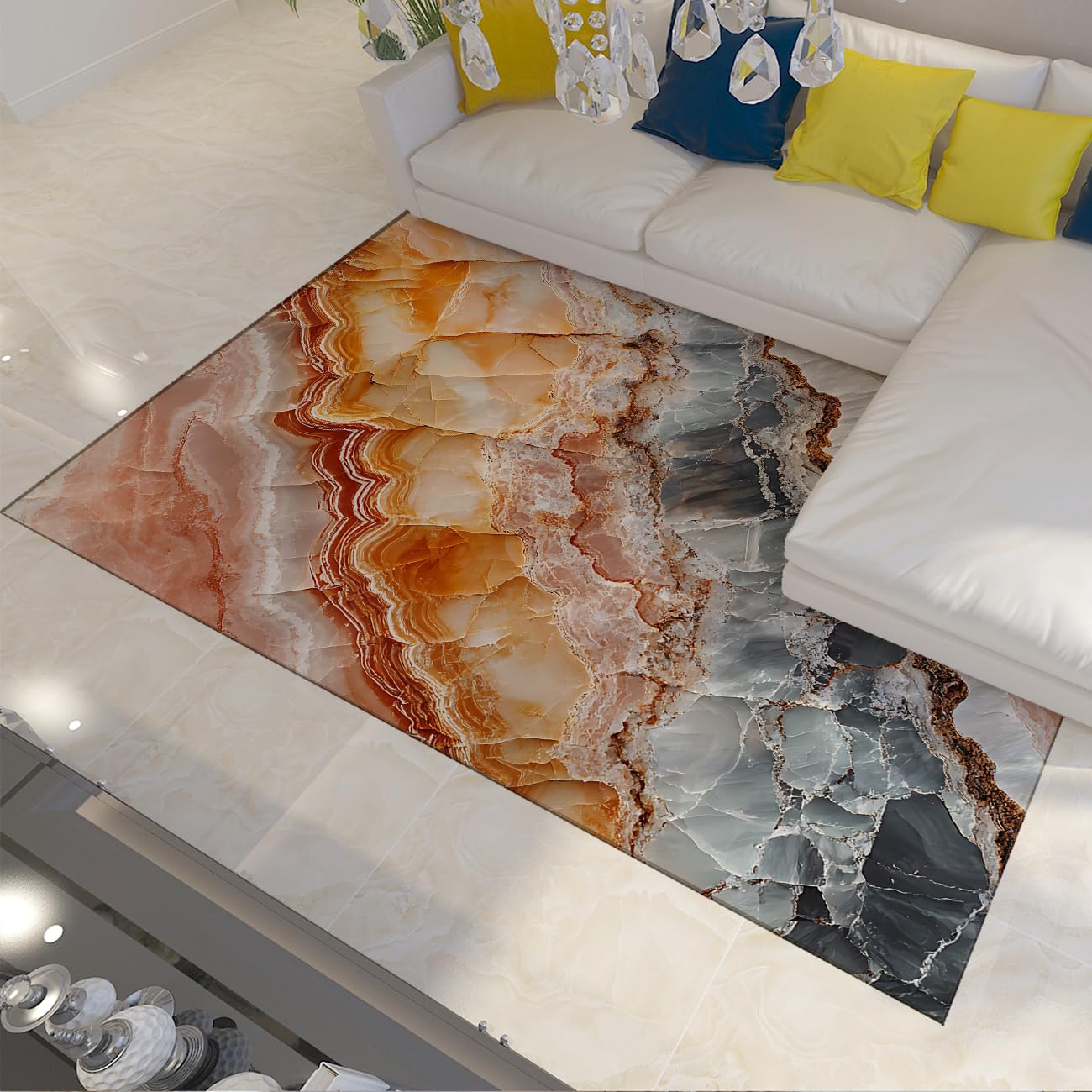 Tapis de salon marbre orange onyx moderne pour une ambiance cocooning