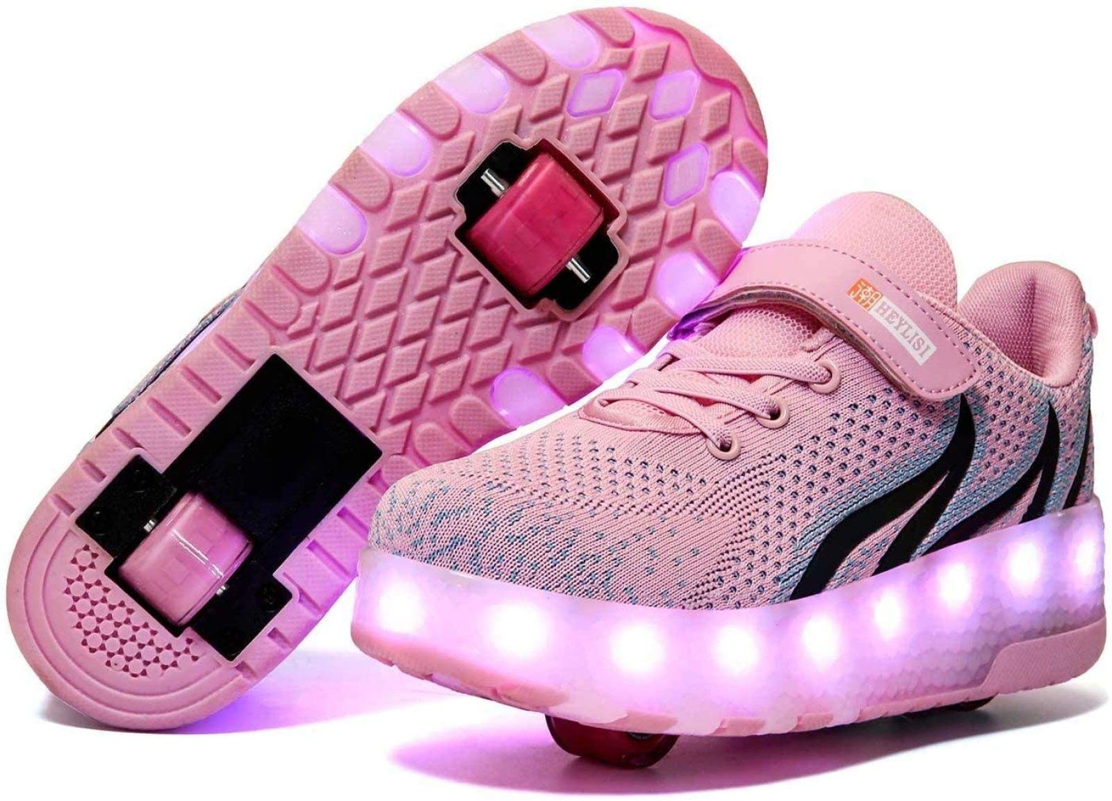 XPF Scarpe da Skateboard LED 2-in-1 Pattini A Rotelle Multiuso Outdoor Running Ginnastica Sneaker per Ragazzi Ragazze Skateboard Ruote da Corsa Scarpe Unisex Bambini,Pink Double Wheel-41